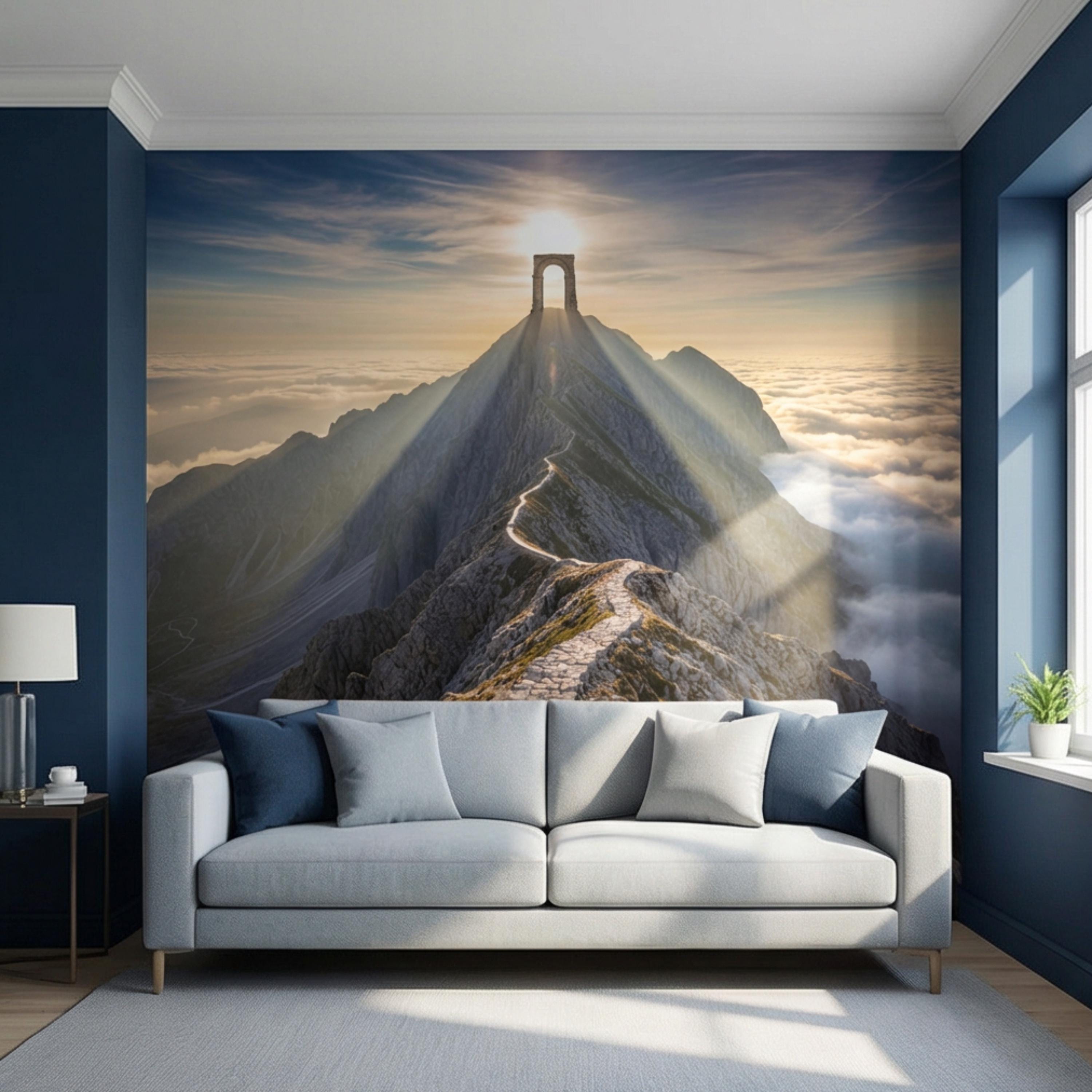 Mountain Path to Archway Above the Clouds Peel and Stick Wall Mural, Epic Sunrise Landscape Wallpaper