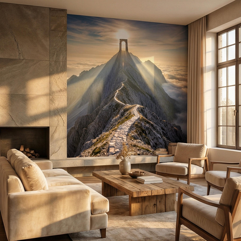 Mountain Path to Archway Above the Clouds Peel and Stick Wall Mural, Epic Sunrise Landscape Wallpaper