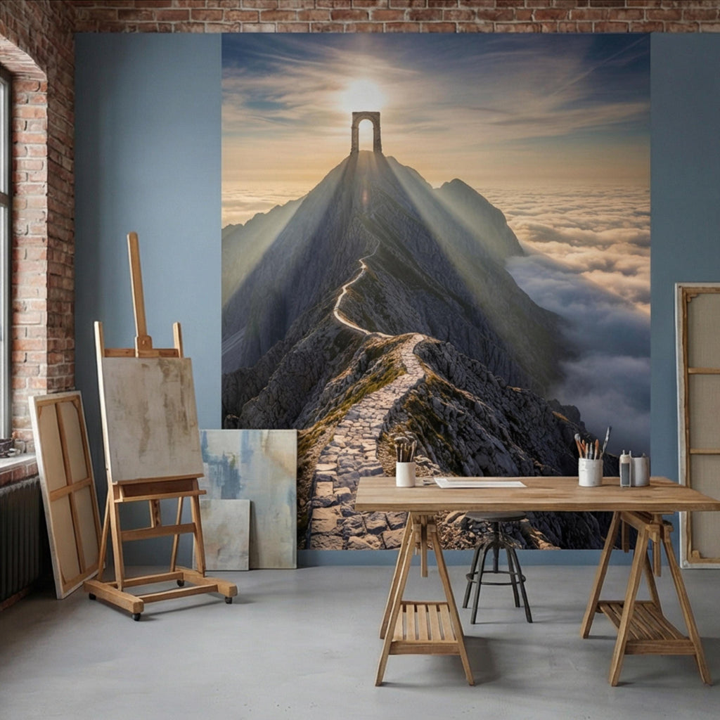 Mountain Path to Archway Above the Clouds Peel and Stick Wall Mural, Epic Sunrise Landscape Wallpaper
