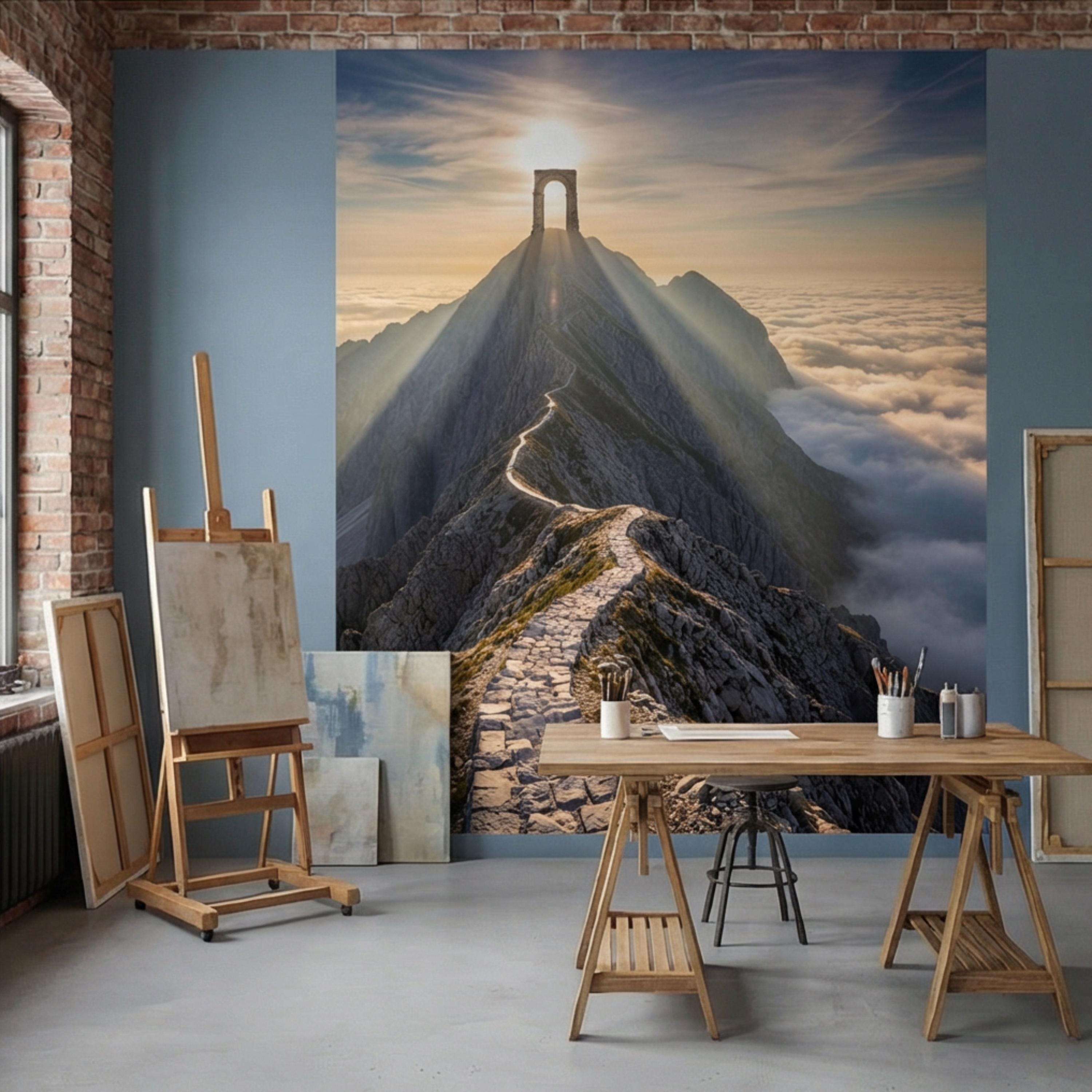 Mountain Path to Archway Above the Clouds Peel and Stick Wall Mural, Epic Sunrise Landscape Wallpaper
