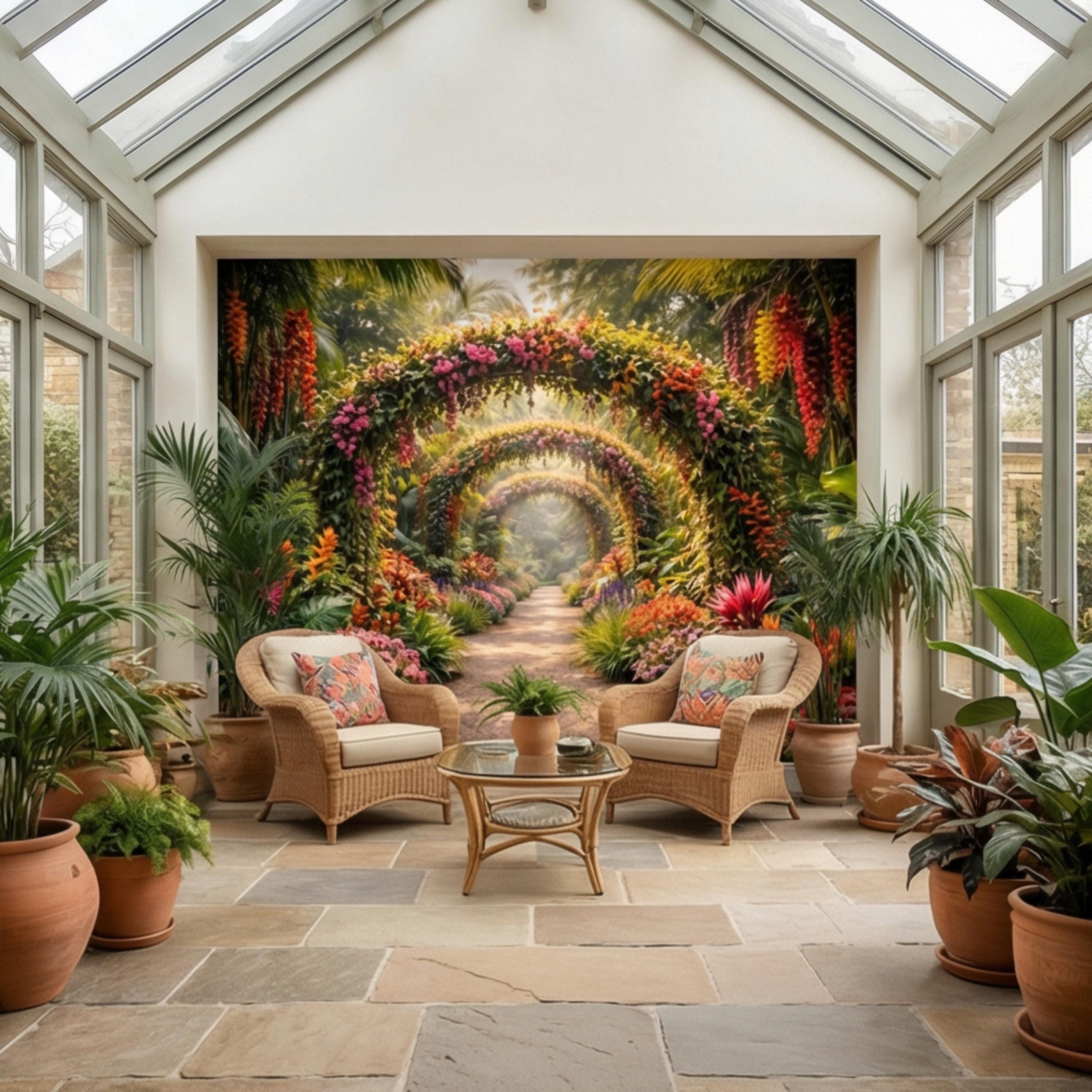 Tropical Floral Garden Archway Peel and Stick Wall Mural, Colorful Jungle Path Botanical Wallpaper