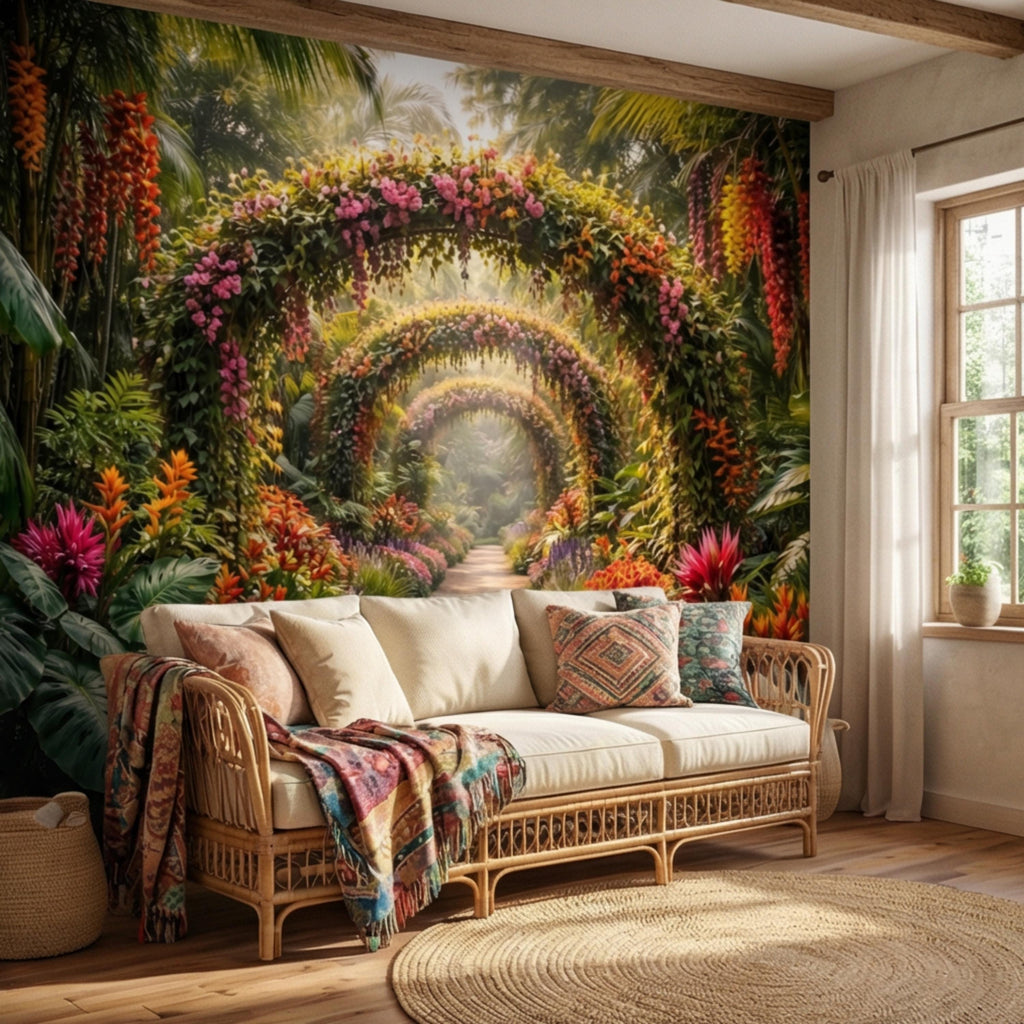 Tropical Floral Garden Archway Peel and Stick Wall Mural, Colorful Jungle Path Botanical Wallpaper