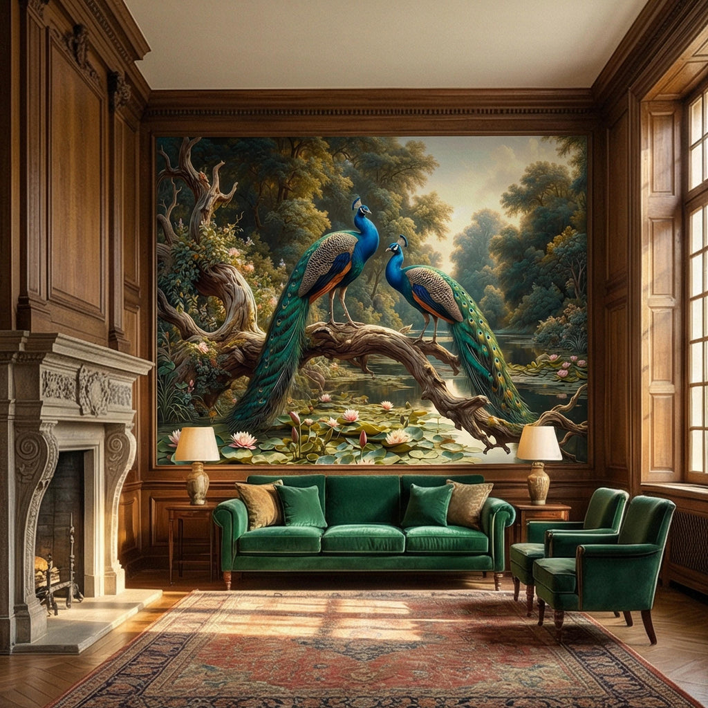 Peacock Peel and Stick Wall Mural, Romantic Pond Landscape, Luxury Bird and Water Lily Botanical Scenic Wallpaper
