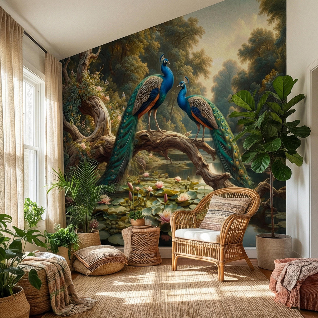Peacock Peel and Stick Wall Mural, Romantic Pond Landscape, Luxury Bird and Water Lily Botanical Scenic Wallpaper