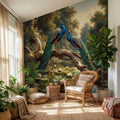 Peacock Peel and Stick Wall Mural, Romantic Pond Landscape, Luxury Bird and Water Lily Botanical Scenic Wallpaper