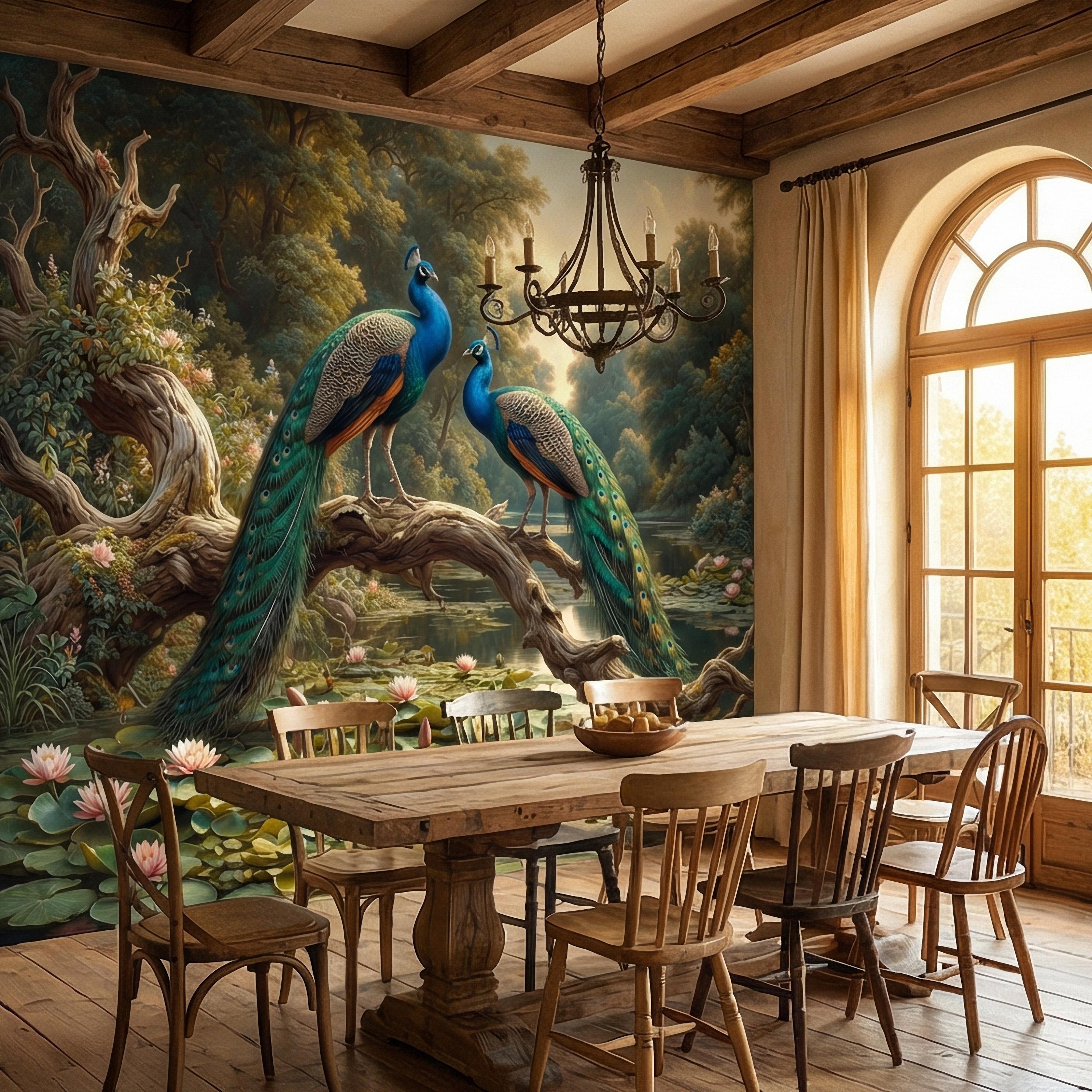 Peacock Peel and Stick Wall Mural, Romantic Pond Landscape, Luxury Bird and Water Lily Botanical Scenic Wallpaper
