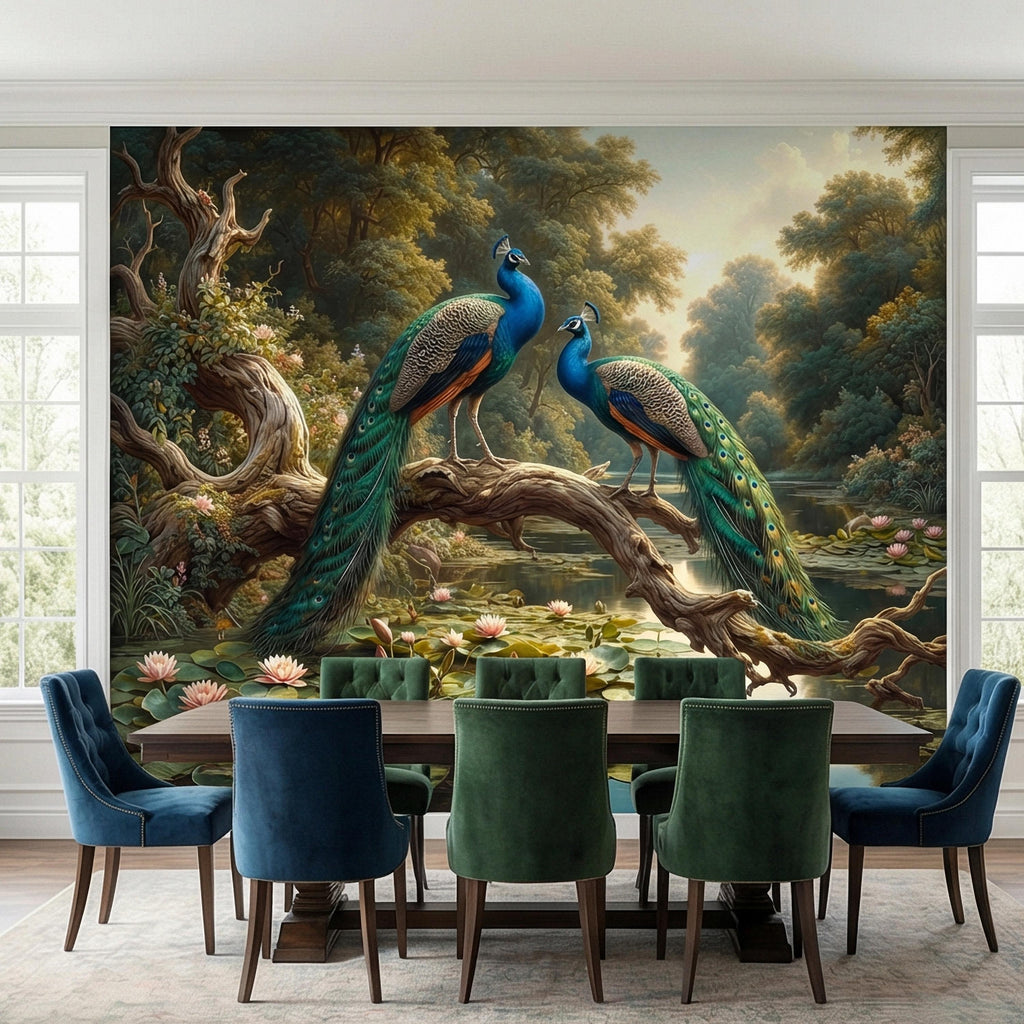 Peacock Peel and Stick Wall Mural, Romantic Pond Landscape, Luxury Bird and Water Lily Botanical Scenic Wallpaper