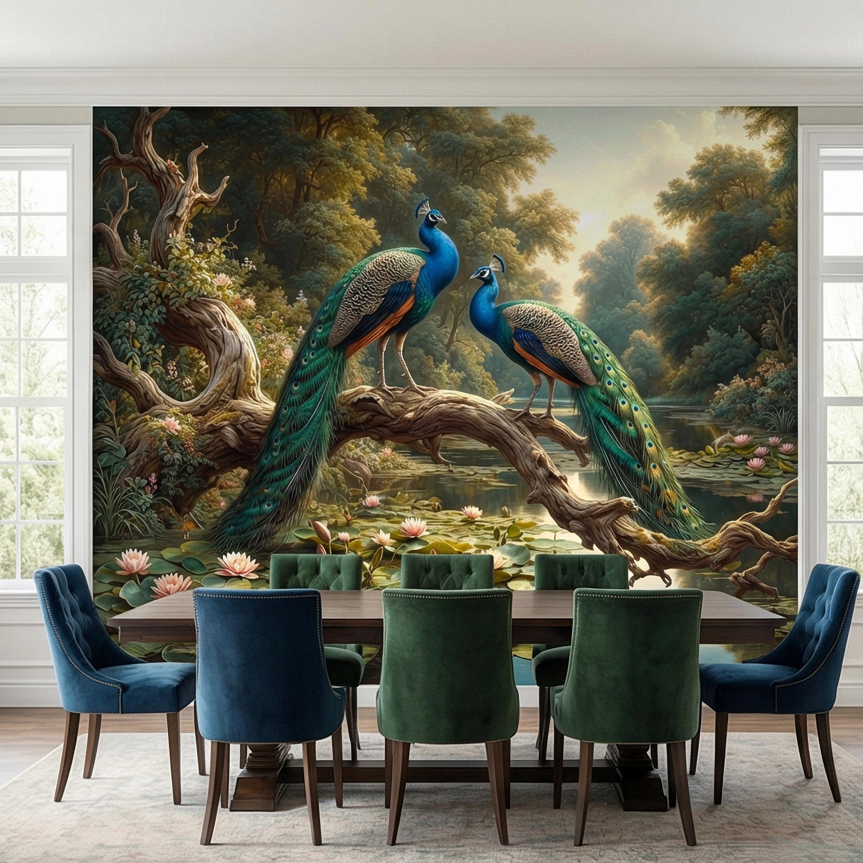 Peacock Peel and Stick Wall Mural, Romantic Pond Landscape, Luxury Bird and Water Lily Botanical Scenic Wallpaper