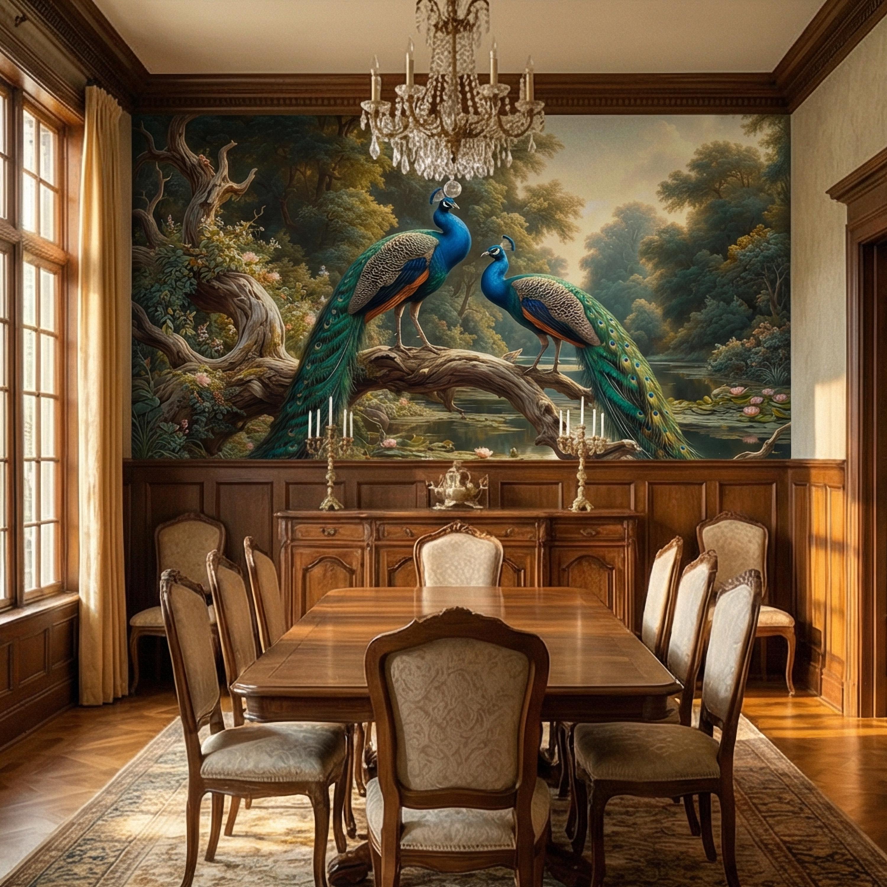 Peacock Peel and Stick Wall Mural, Romantic Pond Landscape, Luxury Bird and Water Lily Botanical Scenic Wallpaper