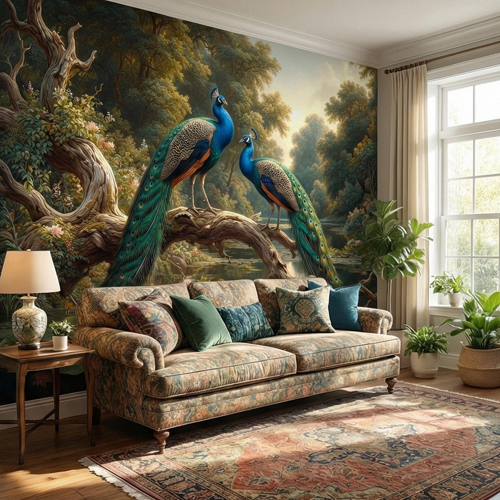 Peacock Peel and Stick Wall Mural, Romantic Pond Landscape, Luxury Bird and Water Lily Botanical Scenic Wallpaper