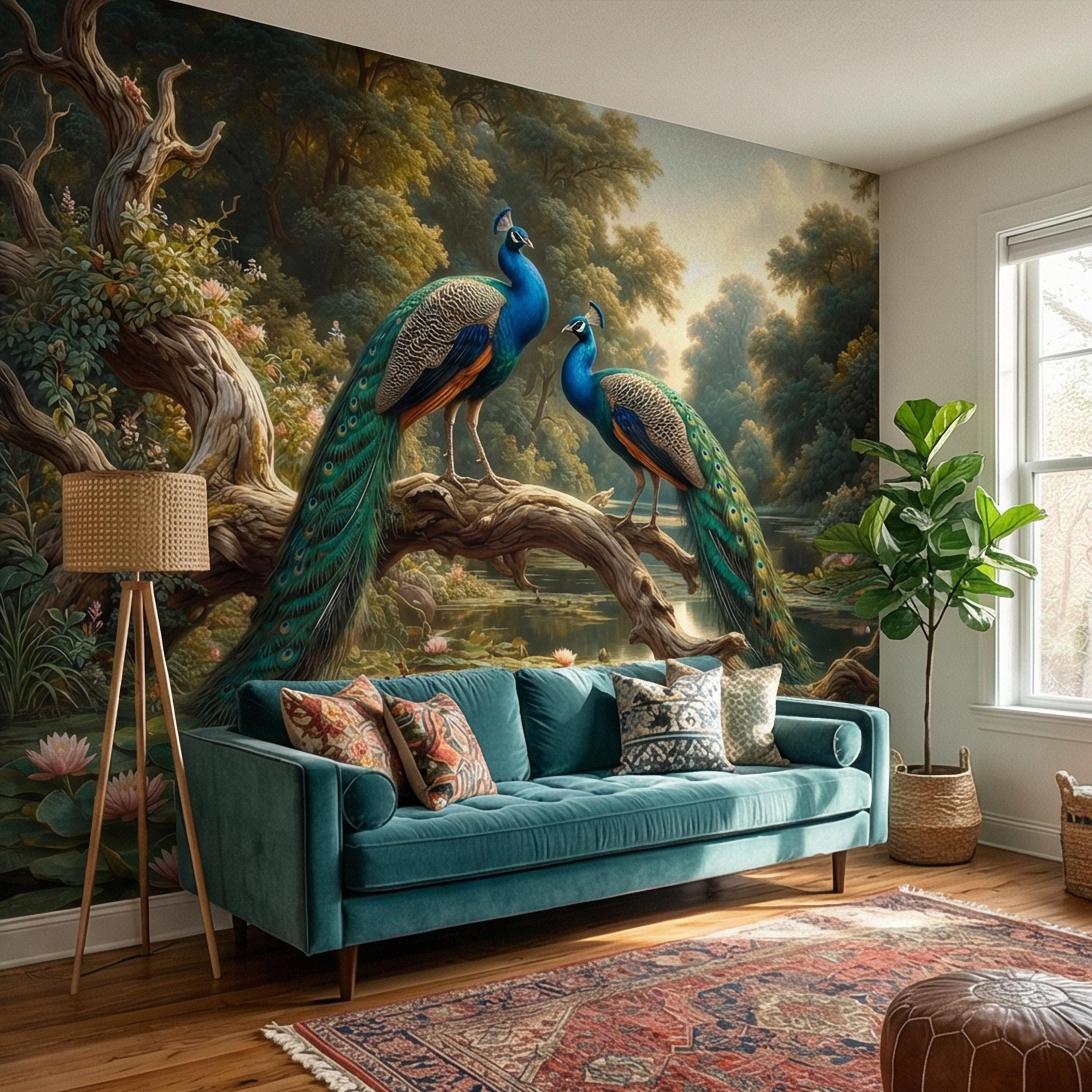 Peacock Peel and Stick Wall Mural, Romantic Pond Landscape, Luxury Bird and Water Lily Botanical Scenic Wallpaper