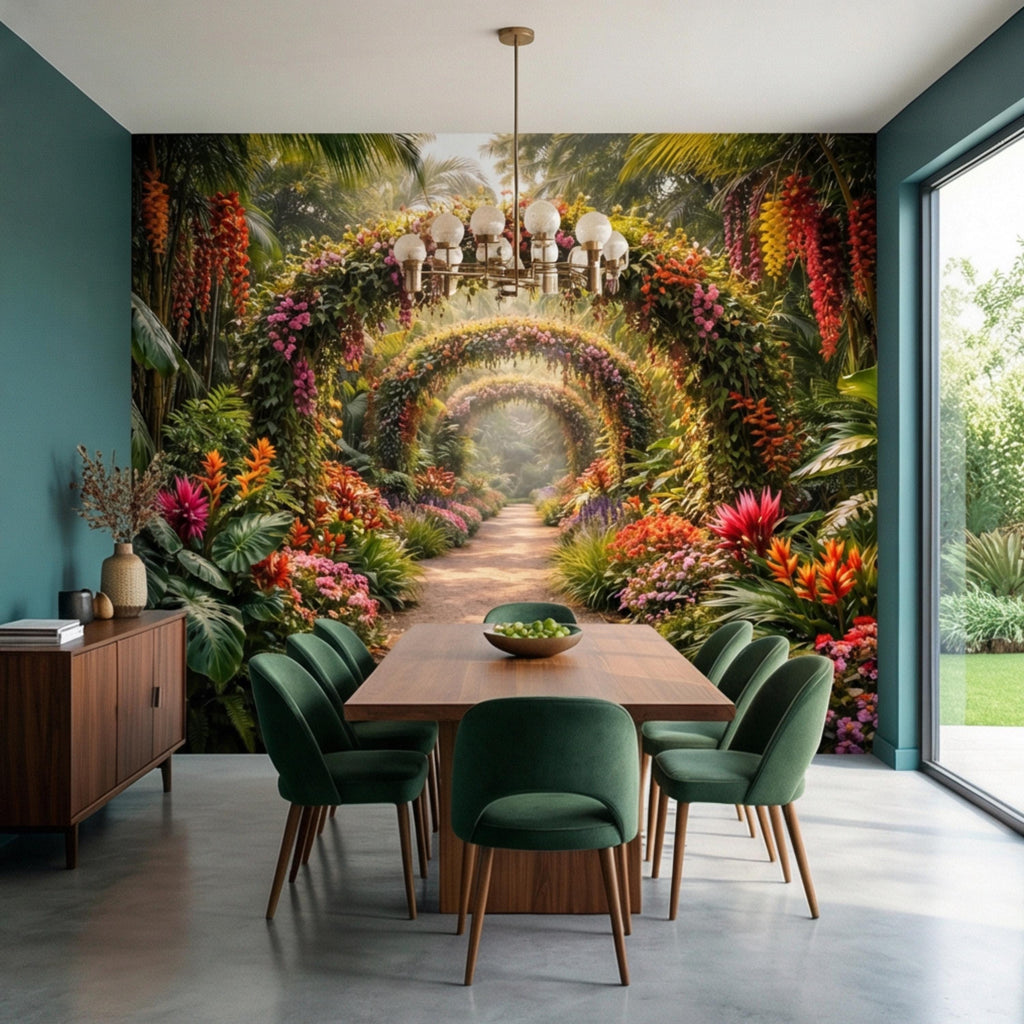 Tropical Floral Garden Archway Peel and Stick Wall Mural, Colorful Jungle Path Botanical Wallpaper