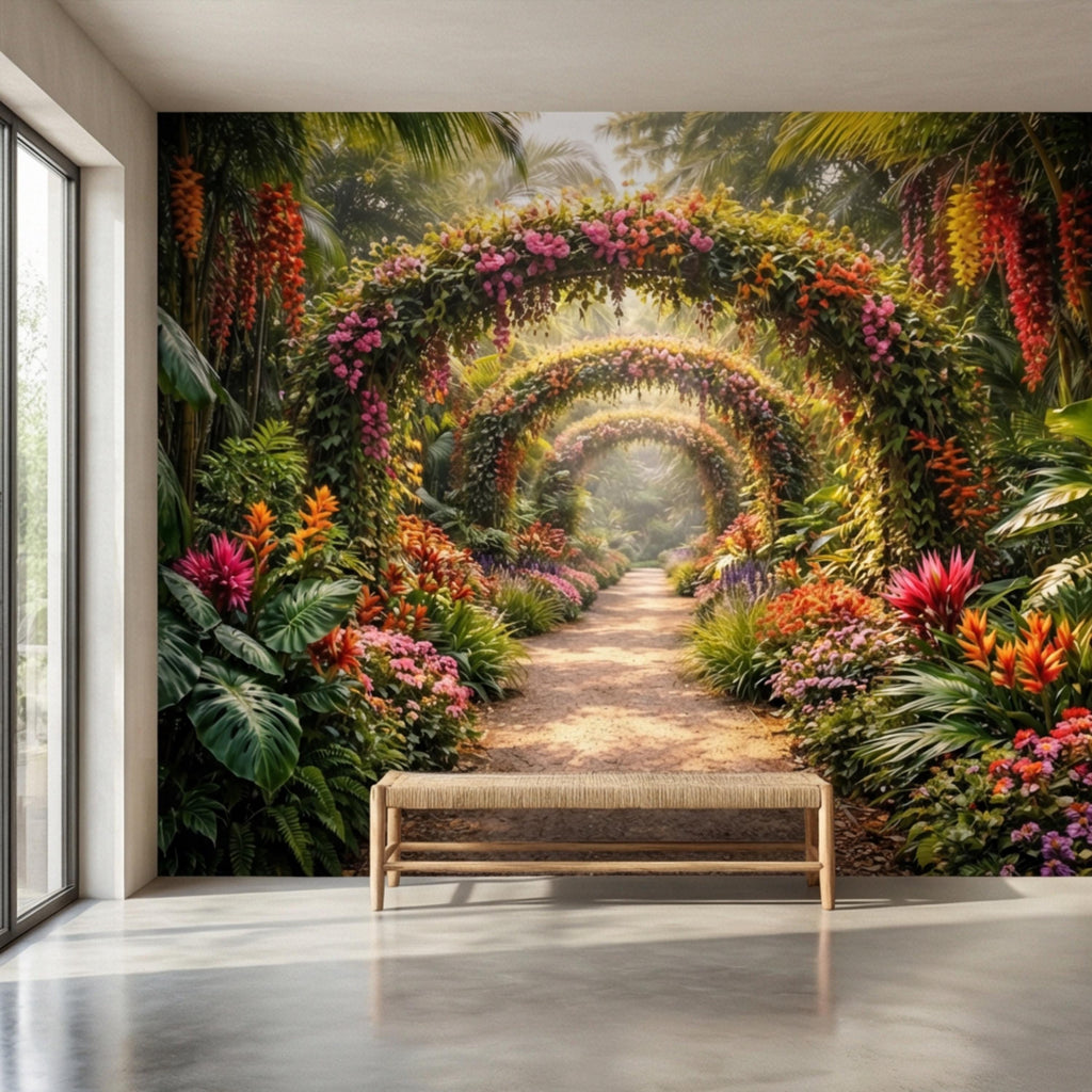 Tropical Floral Garden Archway Peel and Stick Wall Mural, Colorful Jungle Path Botanical Wallpaper