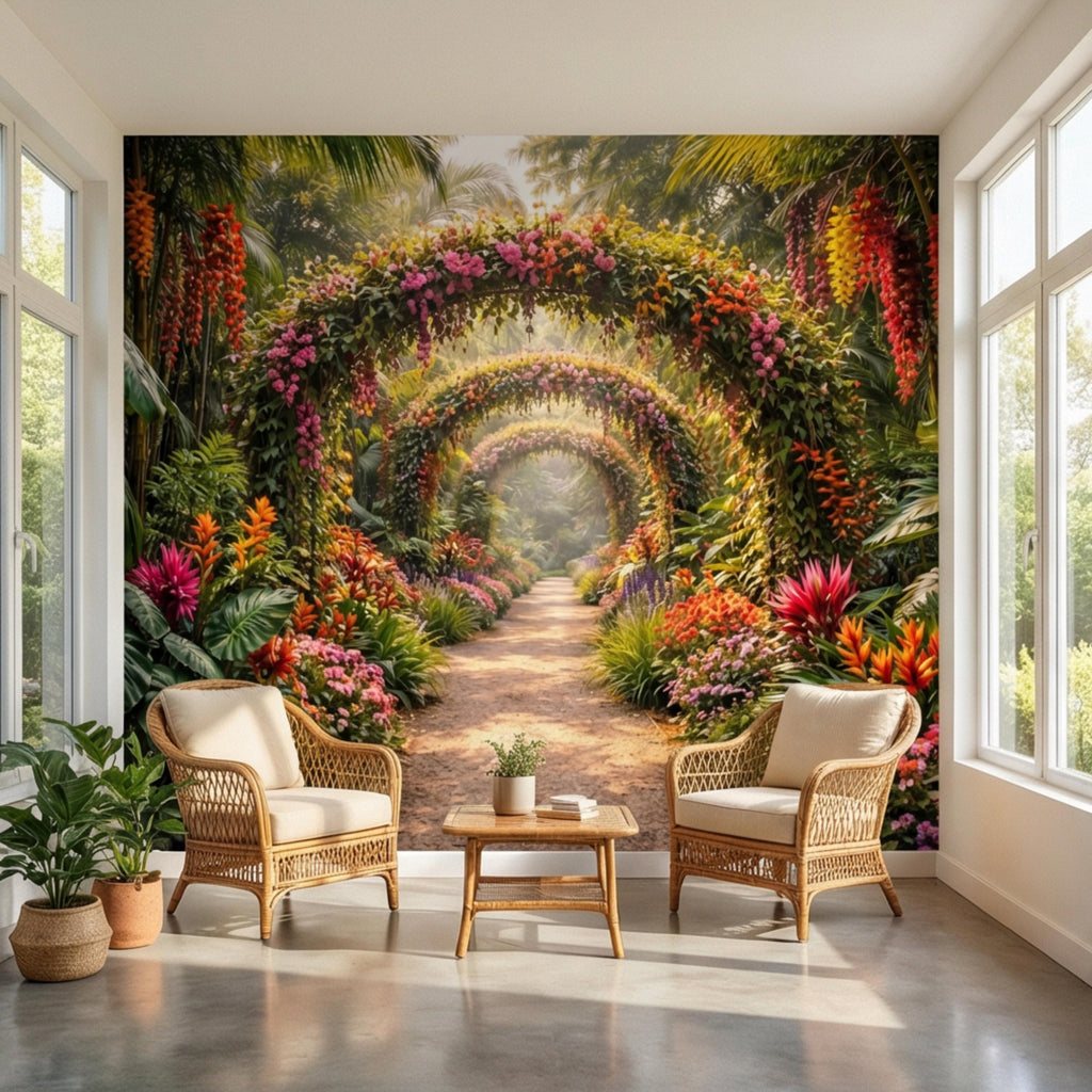 Tropical Floral Garden Archway Peel and Stick Wall Mural, Colorful Jungle Path Botanical Wallpaper