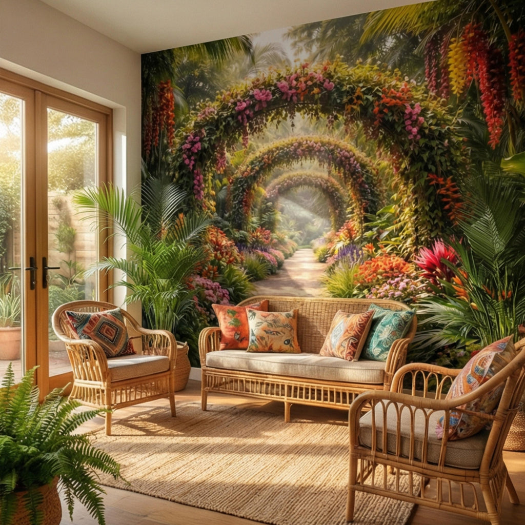 Tropical Floral Garden Archway Peel and Stick Wall Mural, Colorful Jungle Path Botanical Wallpaper