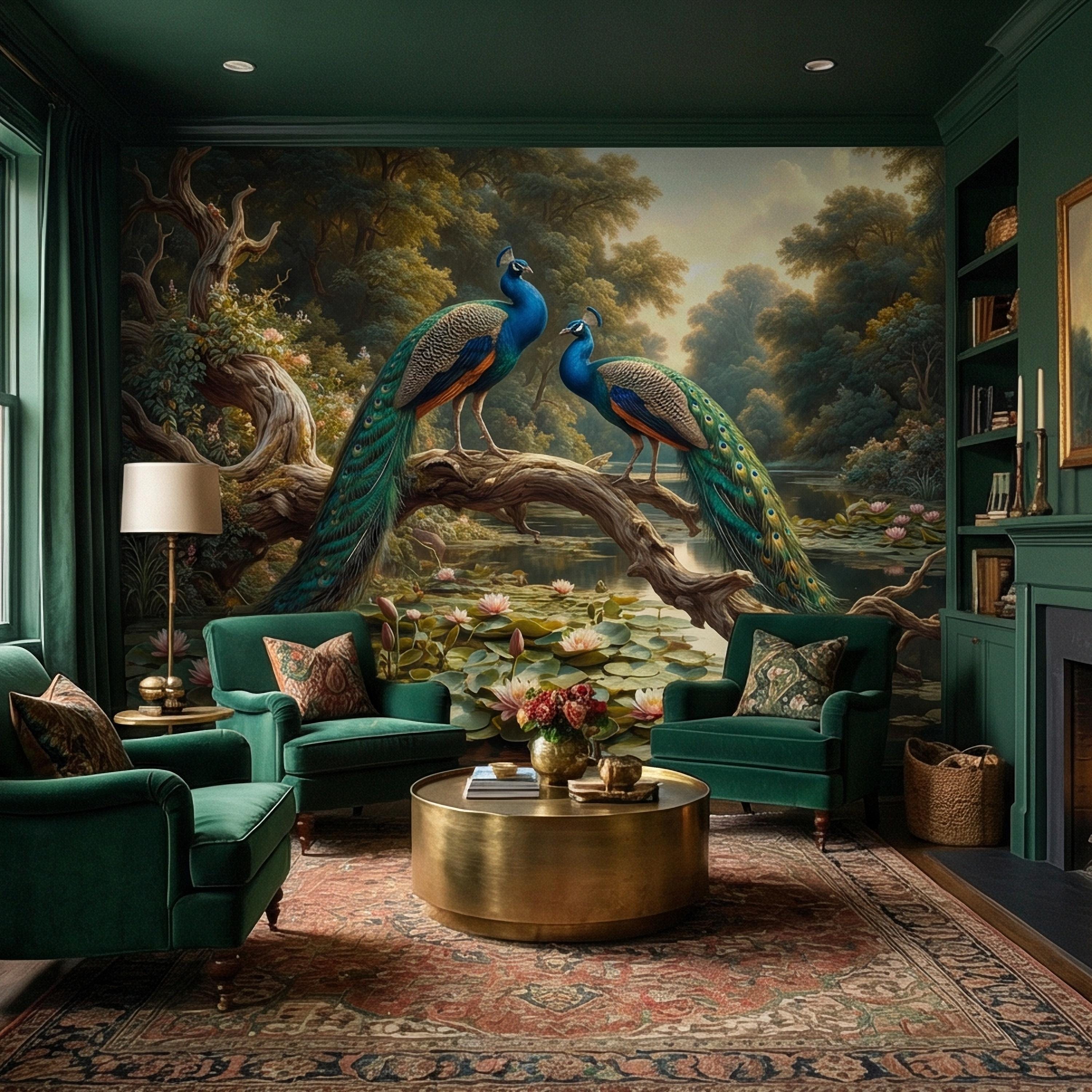 Peacock Peel and Stick Wall Mural, Romantic Pond Landscape, Luxury Bird and Water Lily Botanical Scenic Wallpaper