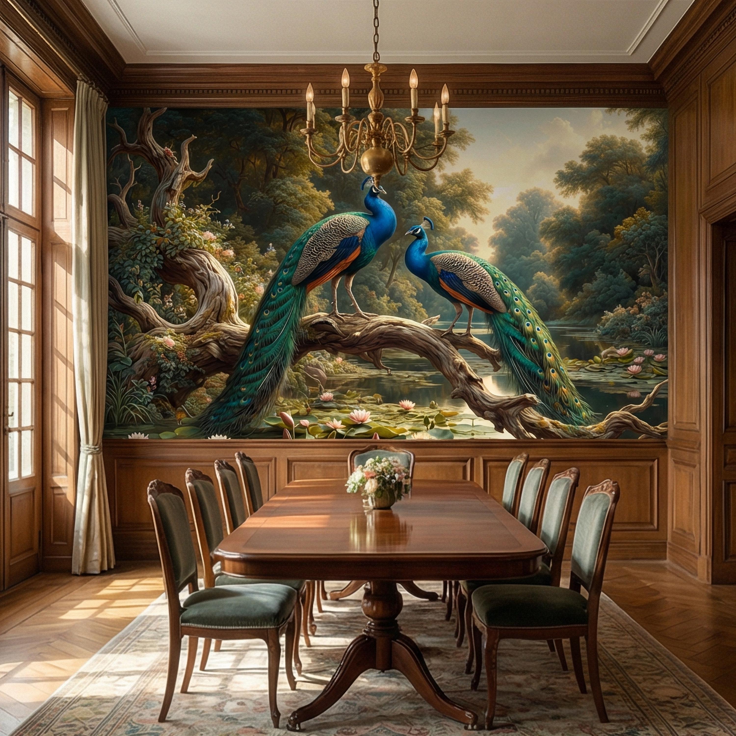 Peacock Peel and Stick Wall Mural, Romantic Pond Landscape, Luxury Bird and Water Lily Botanical Scenic Wallpaper