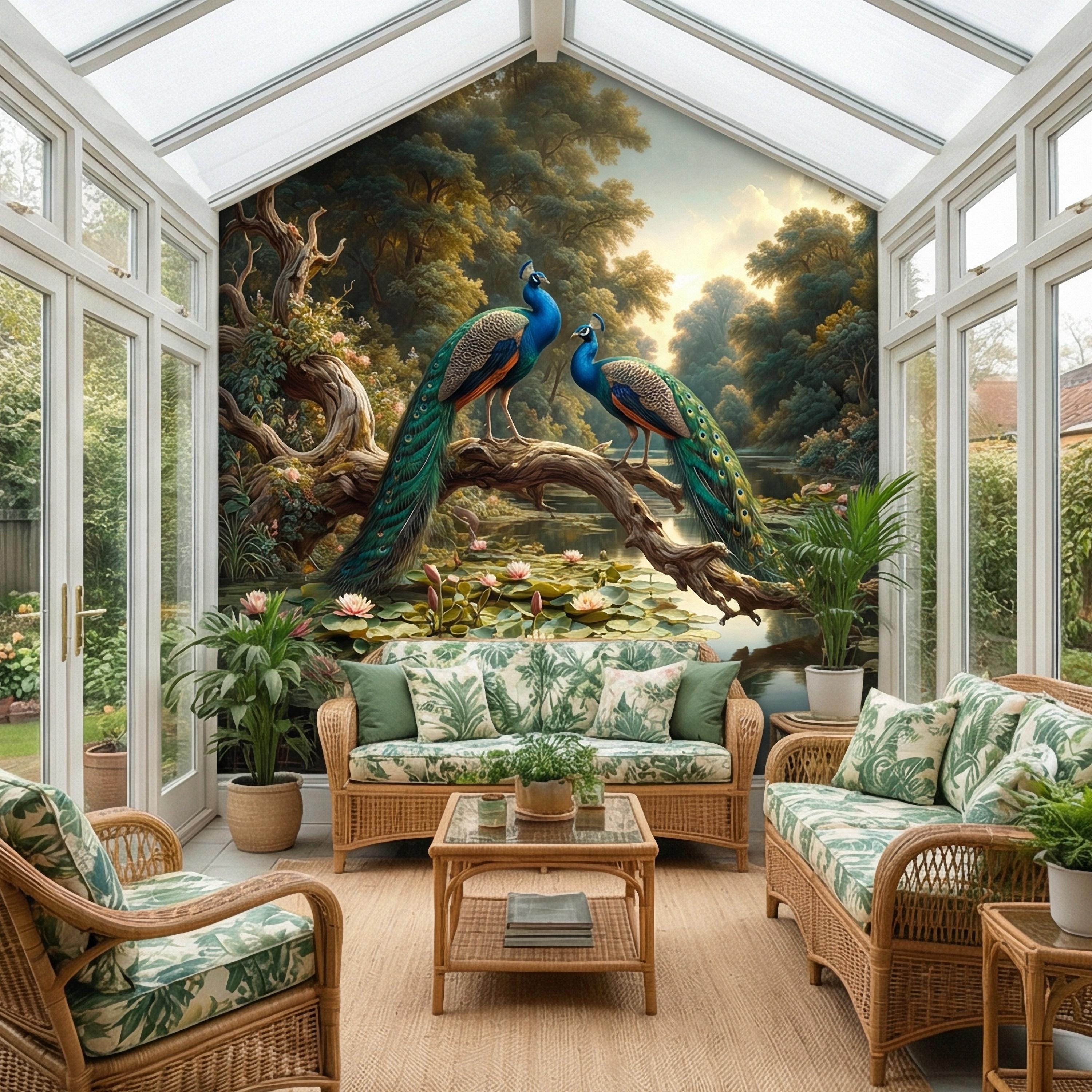 Peacock Peel and Stick Wall Mural, Romantic Pond Landscape, Luxury Bird and Water Lily Botanical Scenic Wallpaper