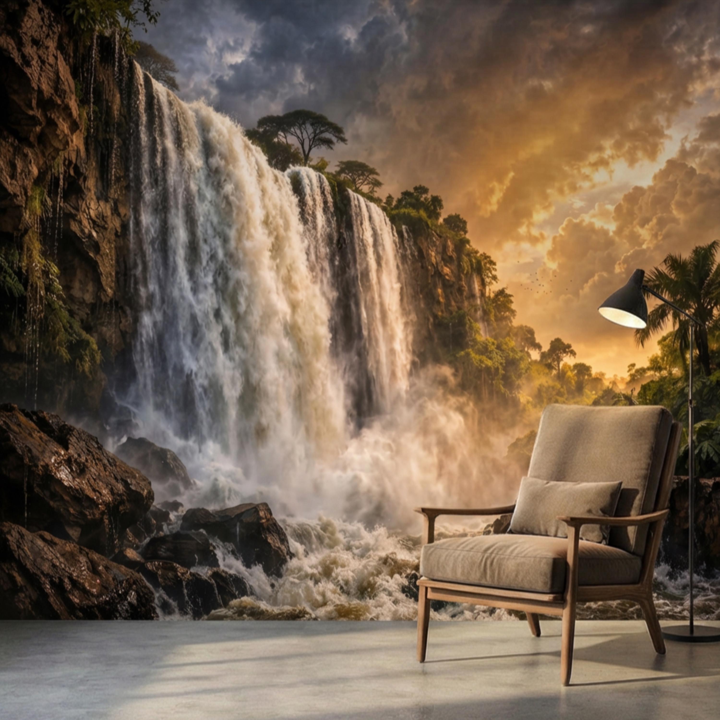 Epic Jungle Waterfall Sunset Peel and Stick Wall Mural, Dramatic Tropical Landscape Wallpaper