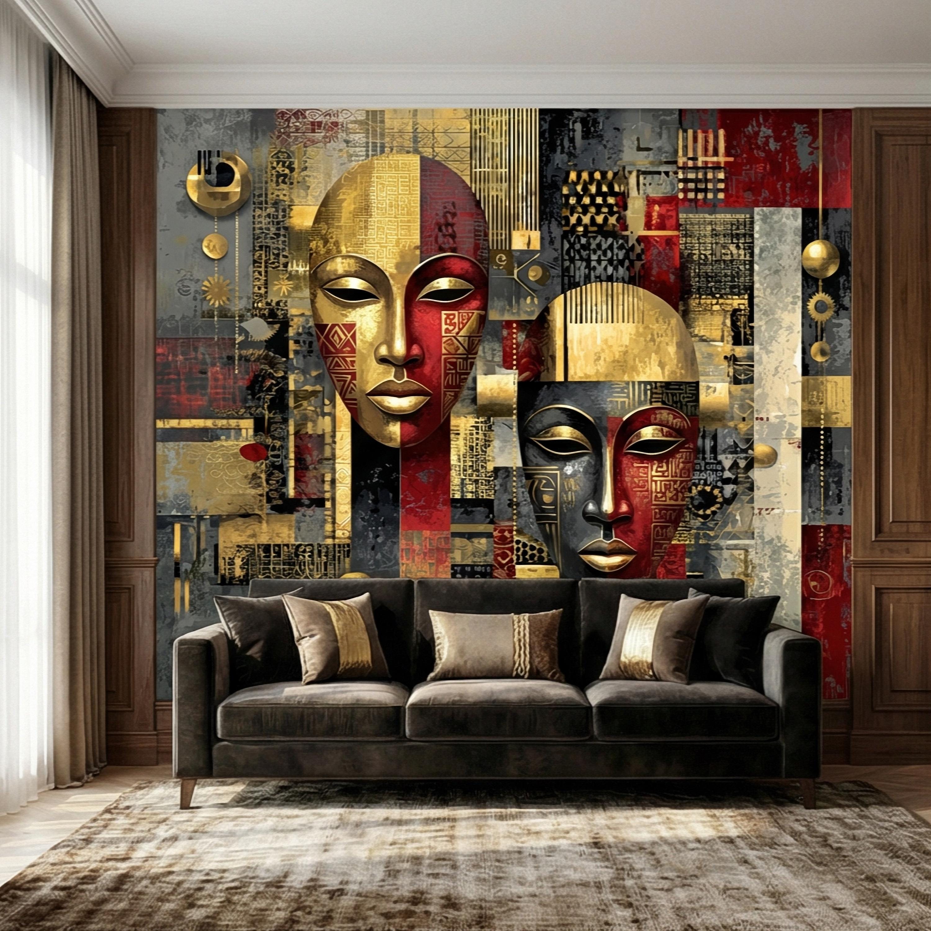 Tribal Mask Peel and Stick Wall Mural, Bold Abstract, Ethnic Geometric, Modern Cultural Statement Wallpaper
