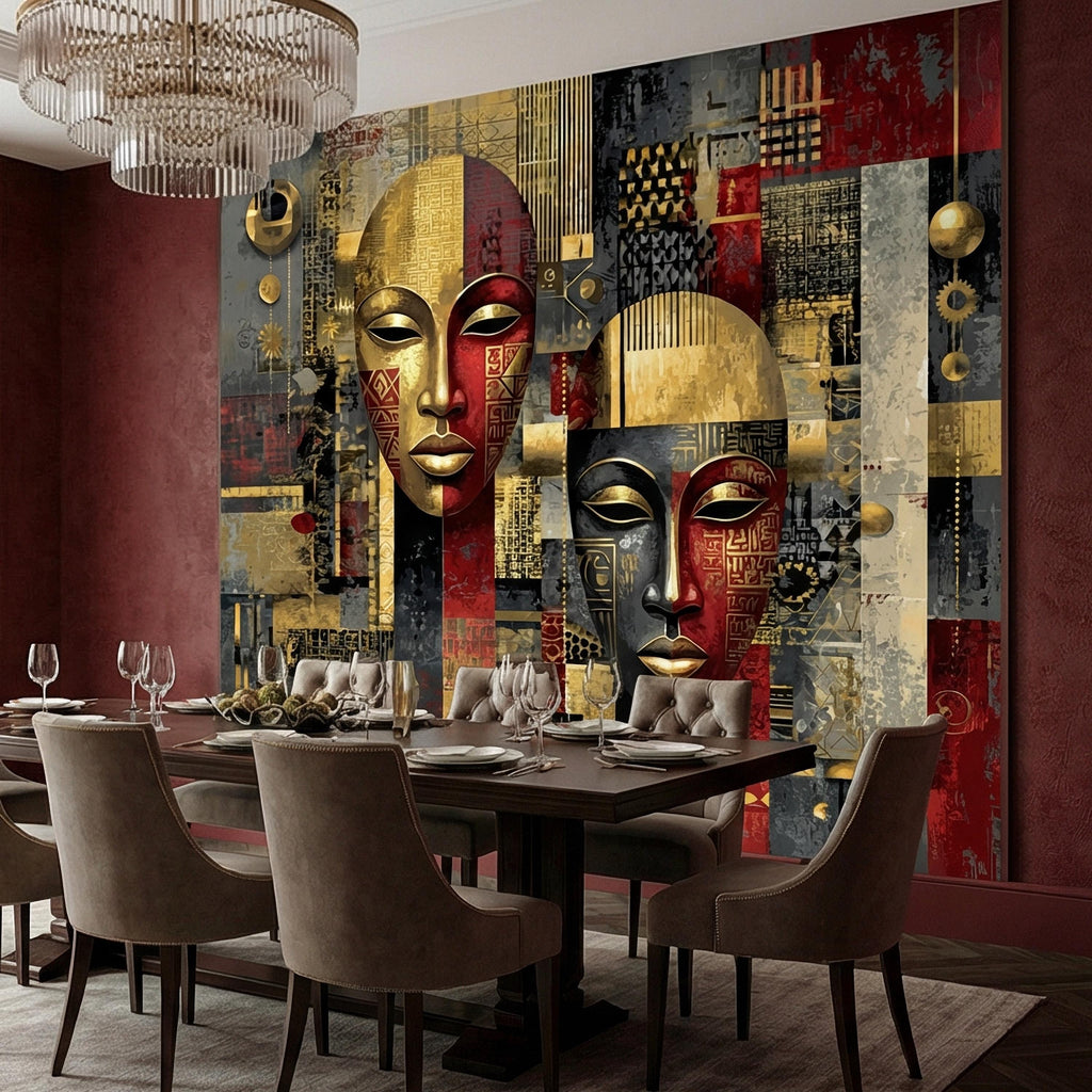 Tribal Mask Peel and Stick Wall Mural, Bold Abstract, Ethnic Geometric, Modern Cultural Statement Wallpaper