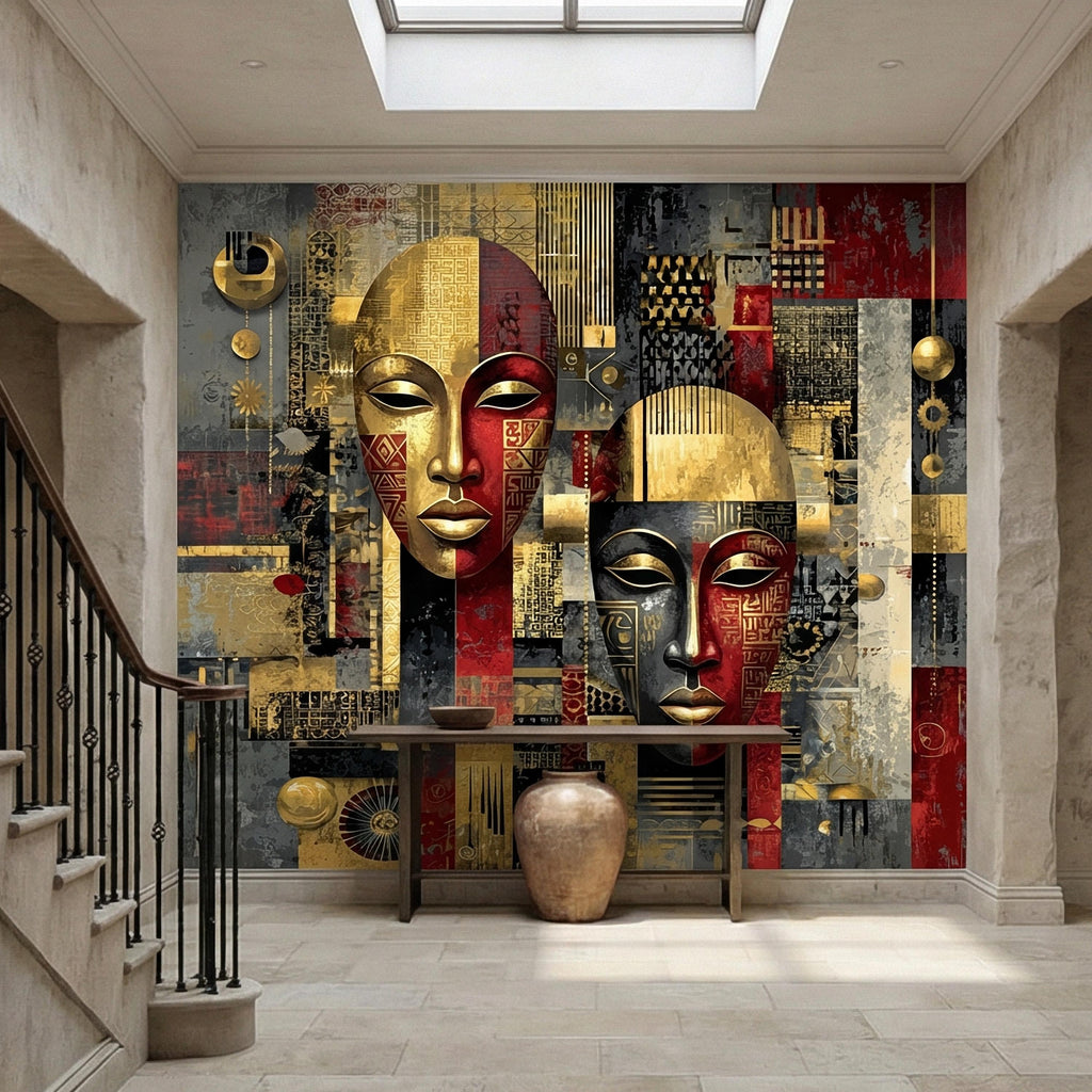 Tribal Mask Peel and Stick Wall Mural, Bold Abstract, Ethnic Geometric, Modern Cultural Statement Wallpaper