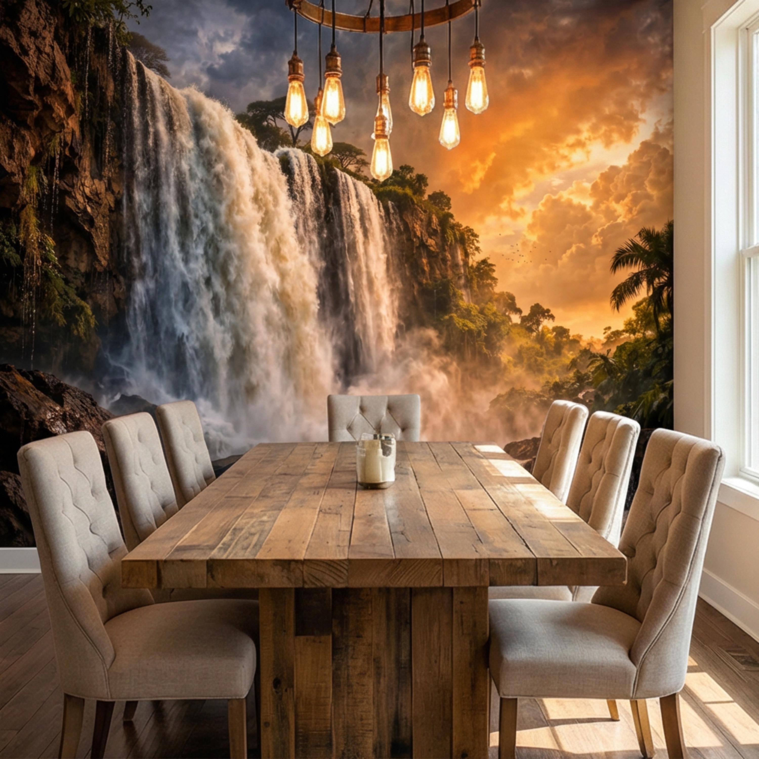Epic Jungle Waterfall Sunset Peel and Stick Wall Mural, Dramatic Tropical Landscape Wallpaper