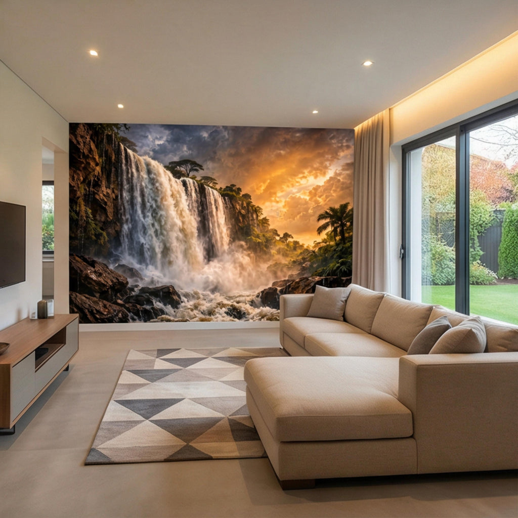 Epic Jungle Waterfall Sunset Peel and Stick Wall Mural, Dramatic Tropical Landscape Wallpaper