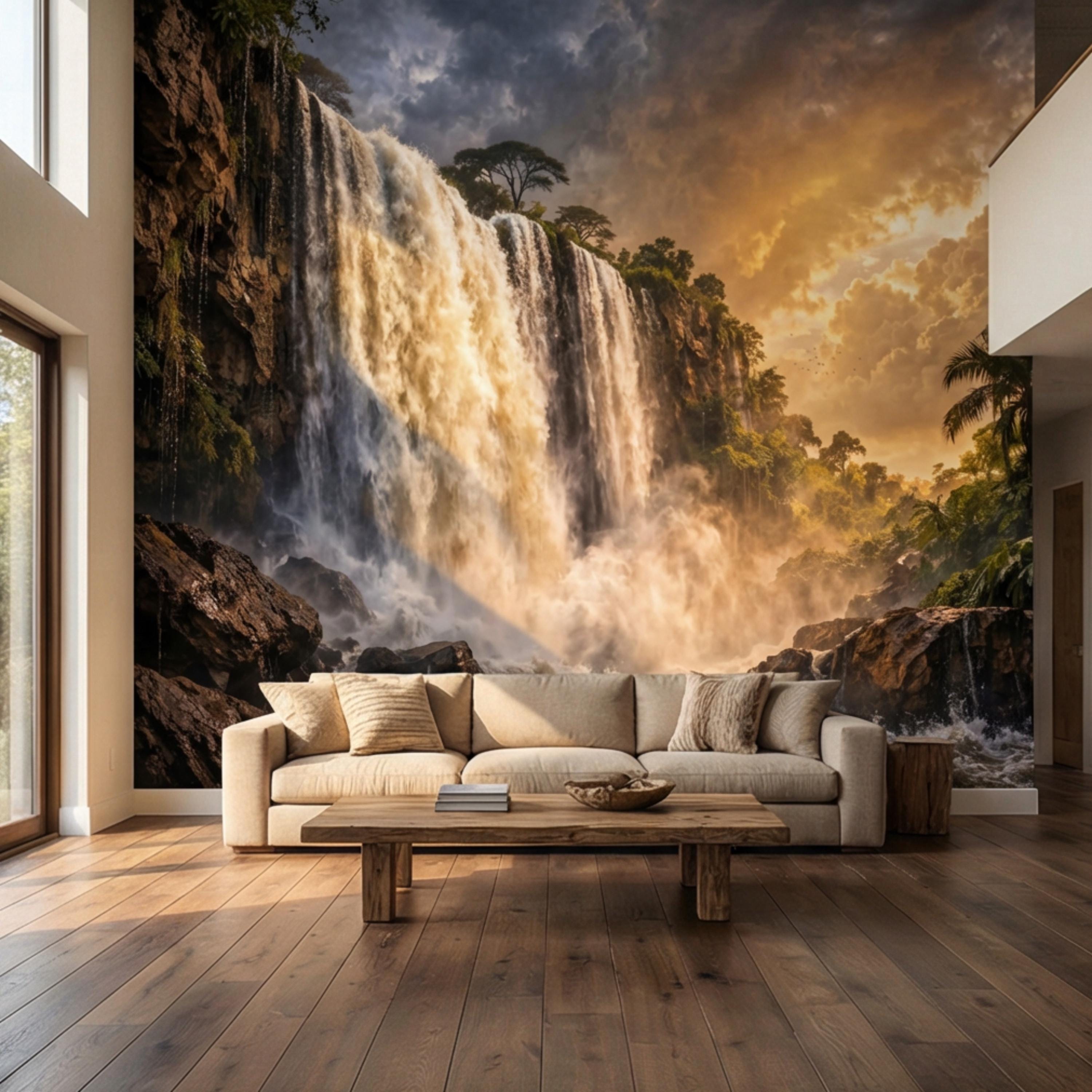 Epic Jungle Waterfall Sunset Peel and Stick Wall Mural, Dramatic Tropical Landscape Wallpaper