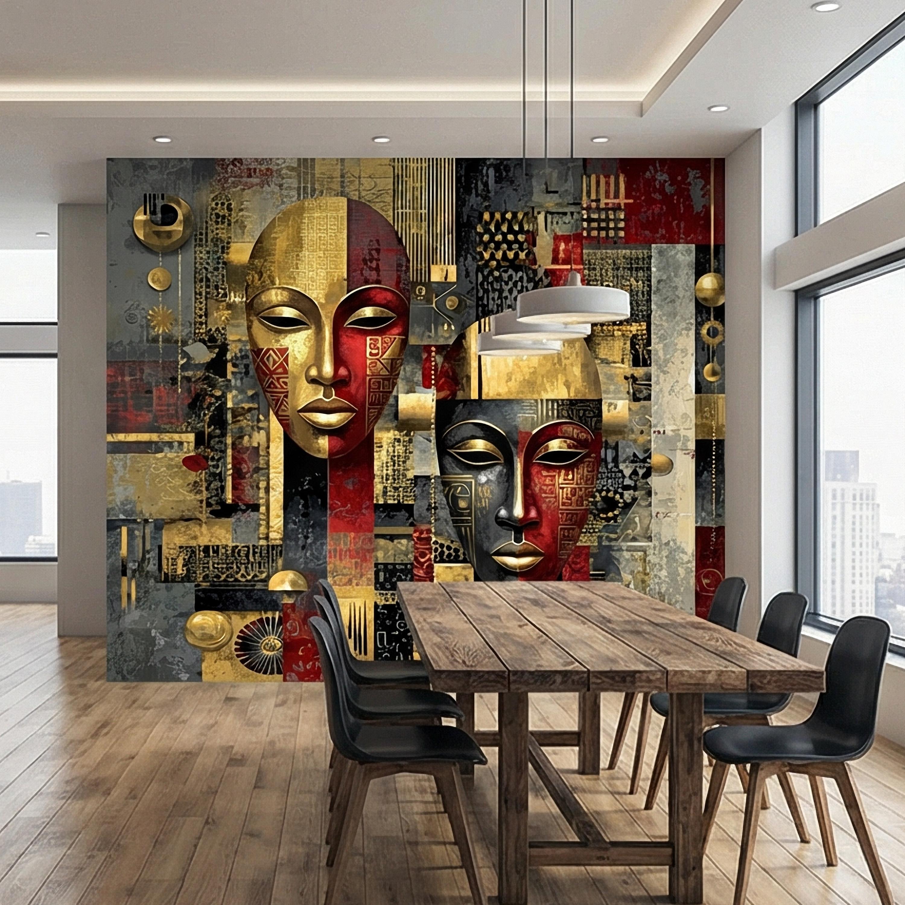 Tribal Mask Peel and Stick Wall Mural, Bold Abstract, Ethnic Geometric, Modern Cultural Statement Wallpaper