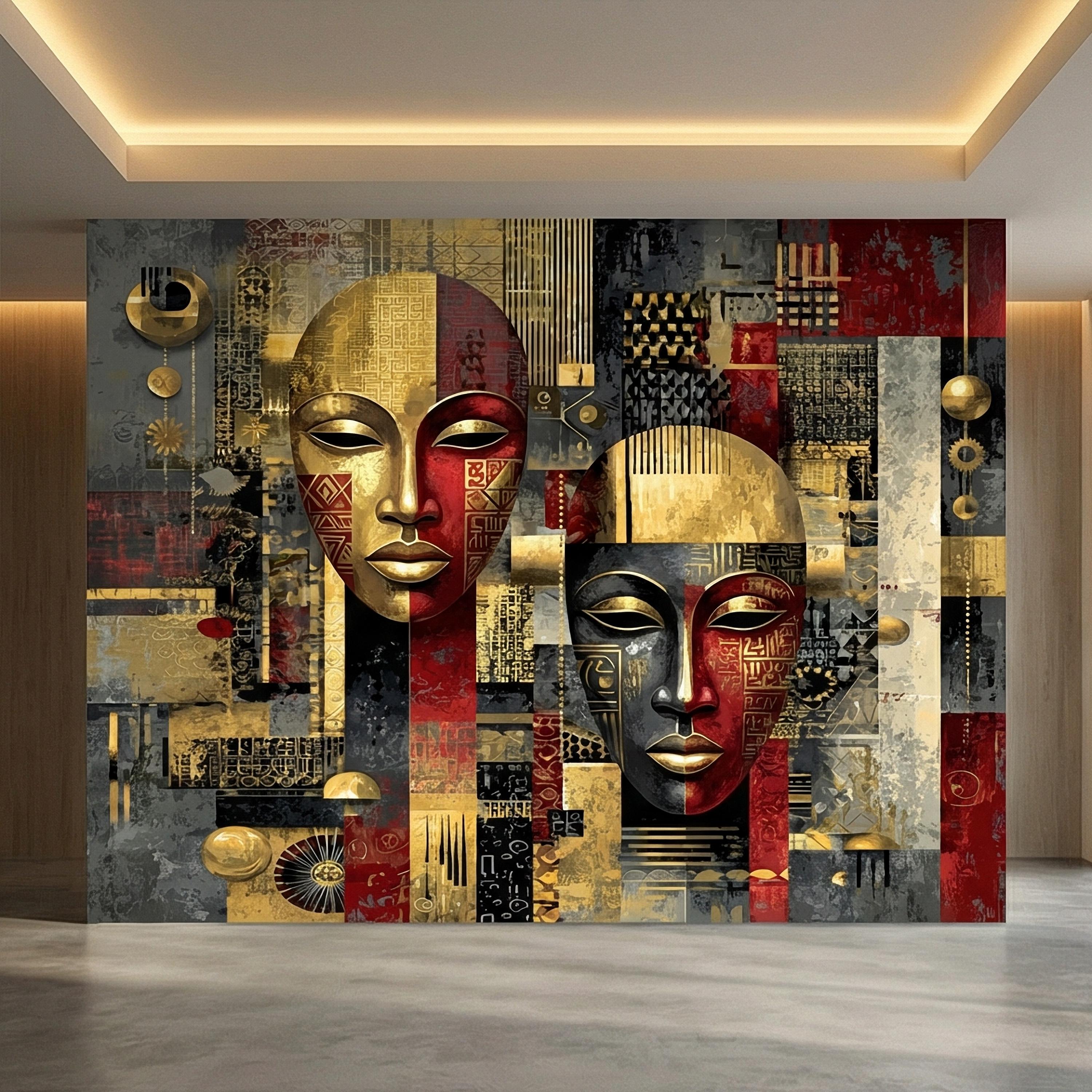 Tribal Mask Peel and Stick Wall Mural, Bold Abstract, Ethnic Geometric, Modern Cultural Statement Wallpaper