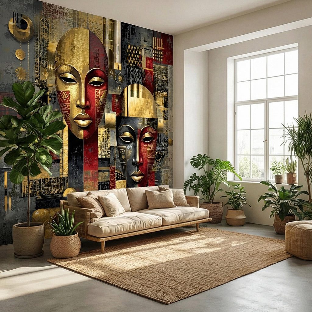 Tribal Mask Peel and Stick Wall Mural, Bold Abstract, Ethnic Geometric, Modern Cultural Statement Wallpaper