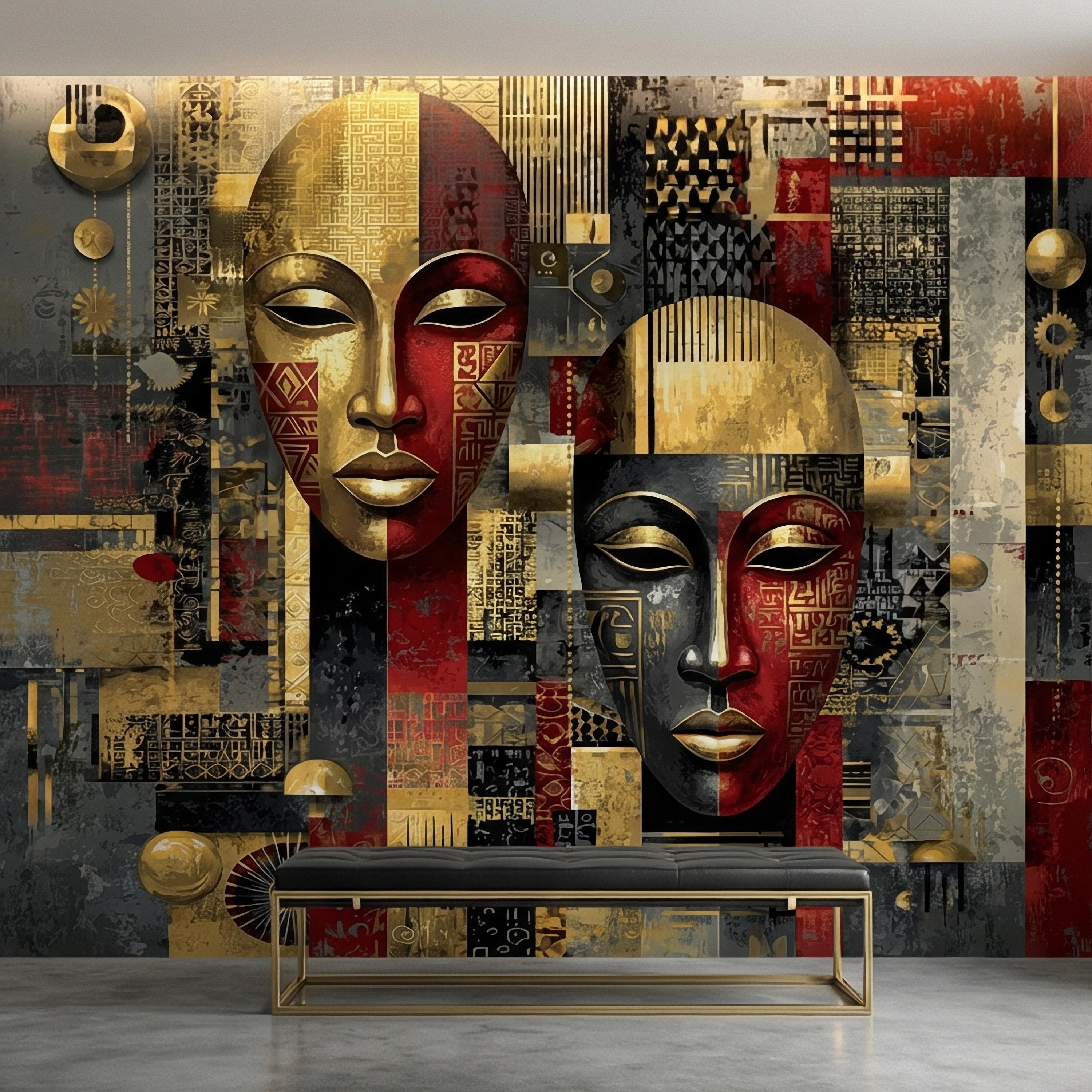 Tribal Mask Peel and Stick Wall Mural, Bold Abstract, Ethnic Geometric, Modern Cultural Statement Wallpaper