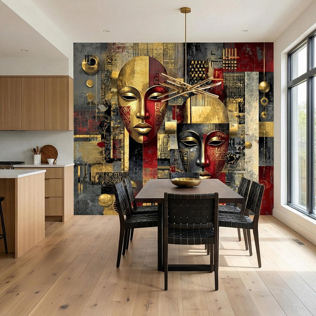 Tribal Mask Peel and Stick Wall Mural, Bold Abstract, Ethnic Geometric, Modern Cultural Statement Wallpaper