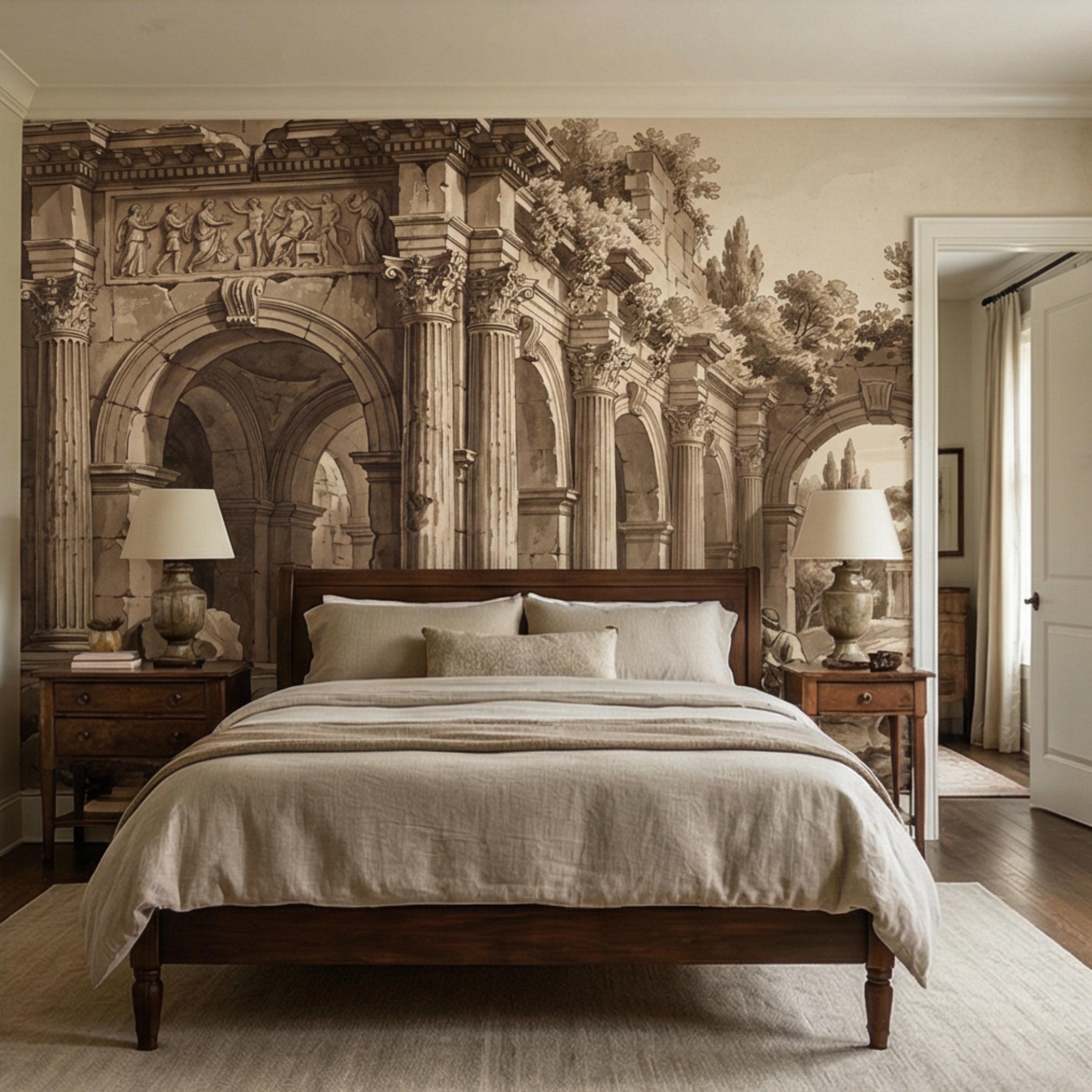 Ancient Roman Classical Ruins Peel and Stick Wall Mural, Sepia Architecture Engraving Wallpaper