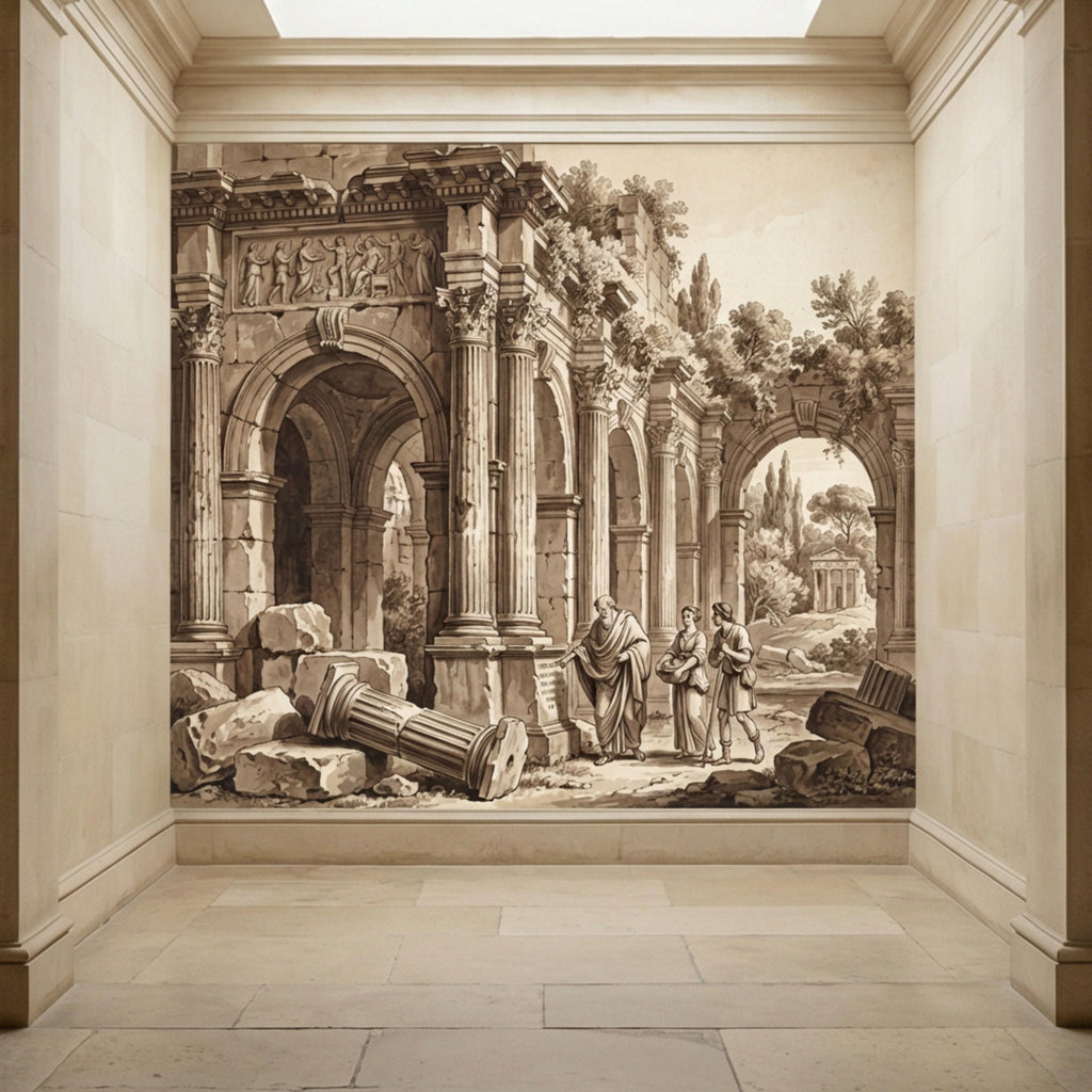 Ancient Roman Classical Ruins Peel and Stick Wall Mural, Sepia Architecture Engraving Wallpaper