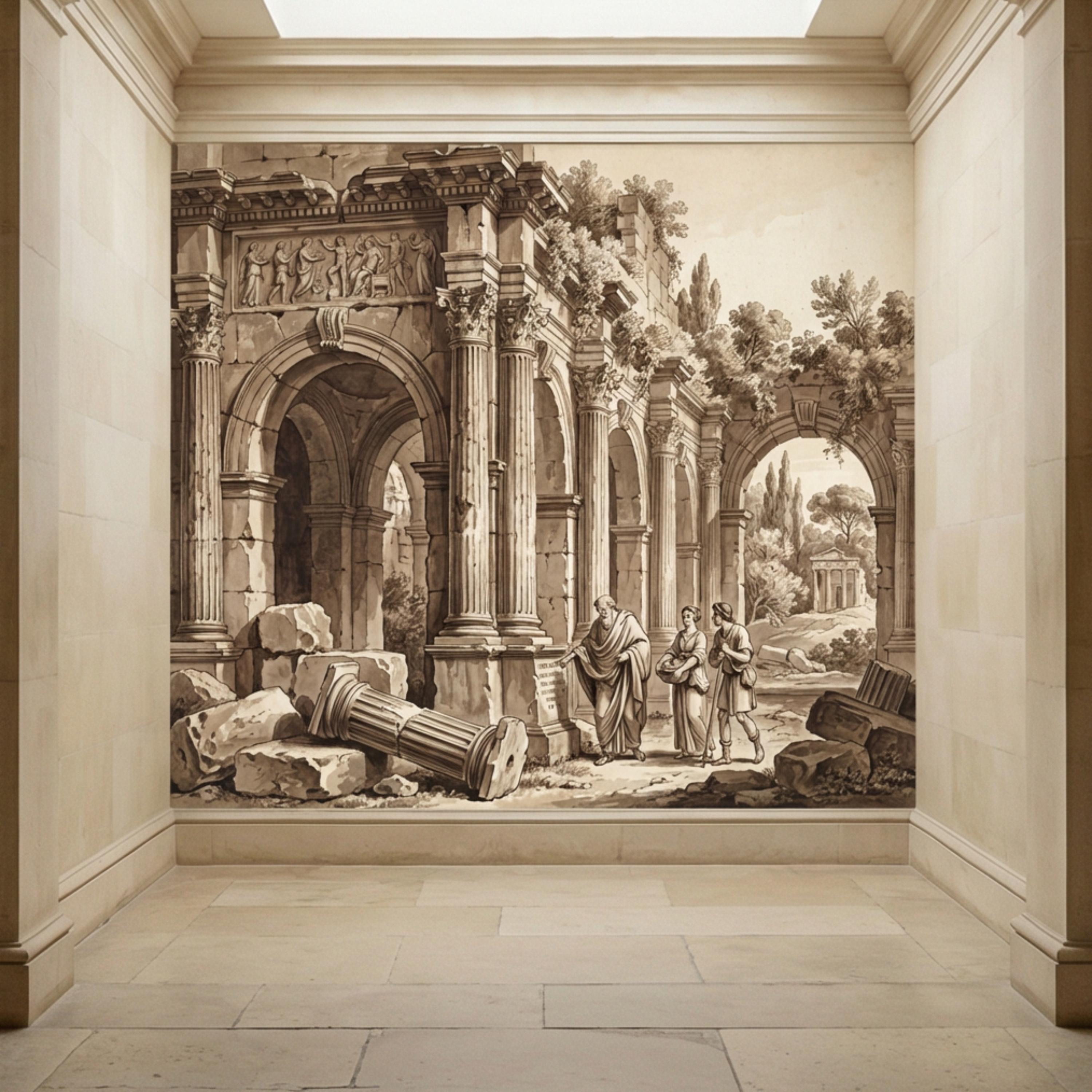 Ancient Roman Classical Ruins Peel and Stick Wall Mural, Sepia Architecture Engraving Wallpaper