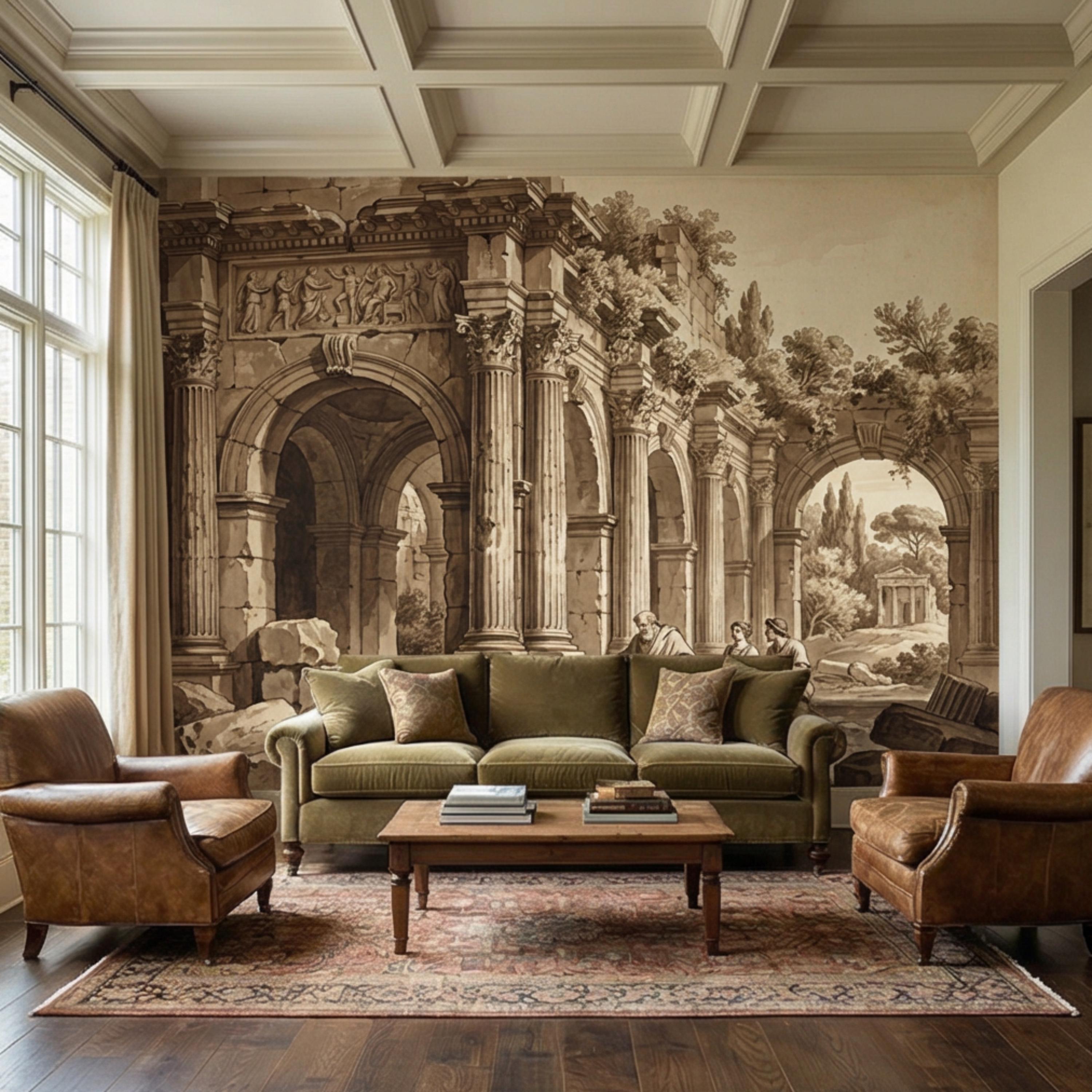Ancient Roman Classical Ruins Peel and Stick Wall Mural, Sepia Architecture Engraving Wallpaper