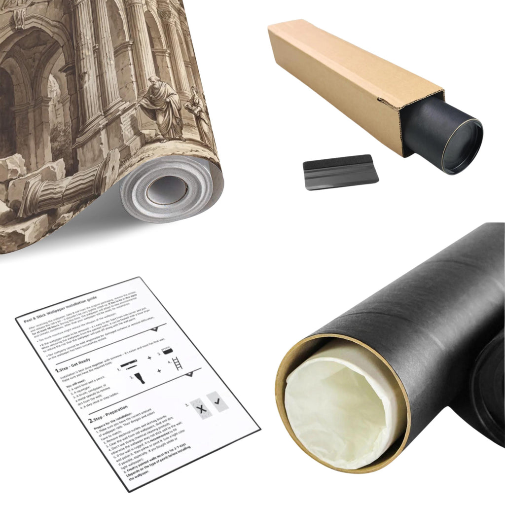 Ancient Roman Classical Ruins Peel and Stick Wall Mural, Sepia Architecture Engraving Wallpaper
