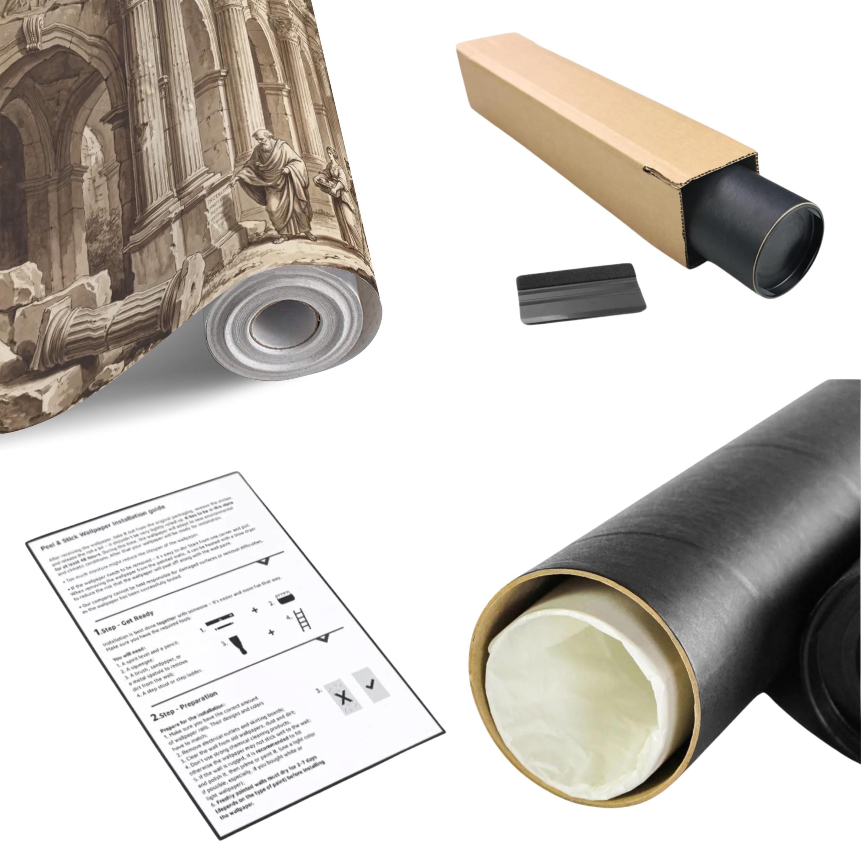 Ancient Roman Classical Ruins Peel and Stick Wall Mural, Sepia Architecture Engraving Wallpaper