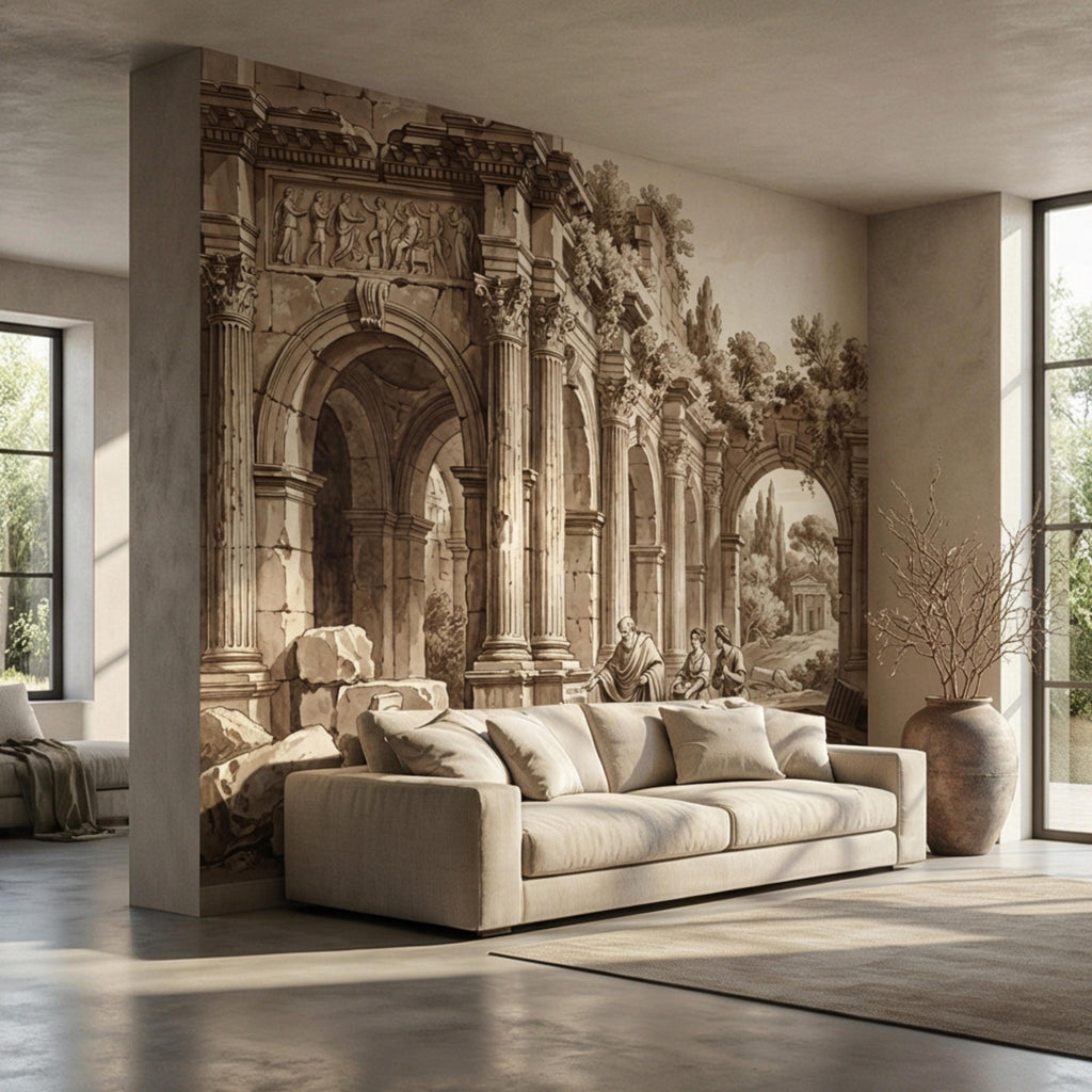 Ancient Roman Classical Ruins Peel and Stick Wall Mural, Sepia Architecture Engraving Wallpaper