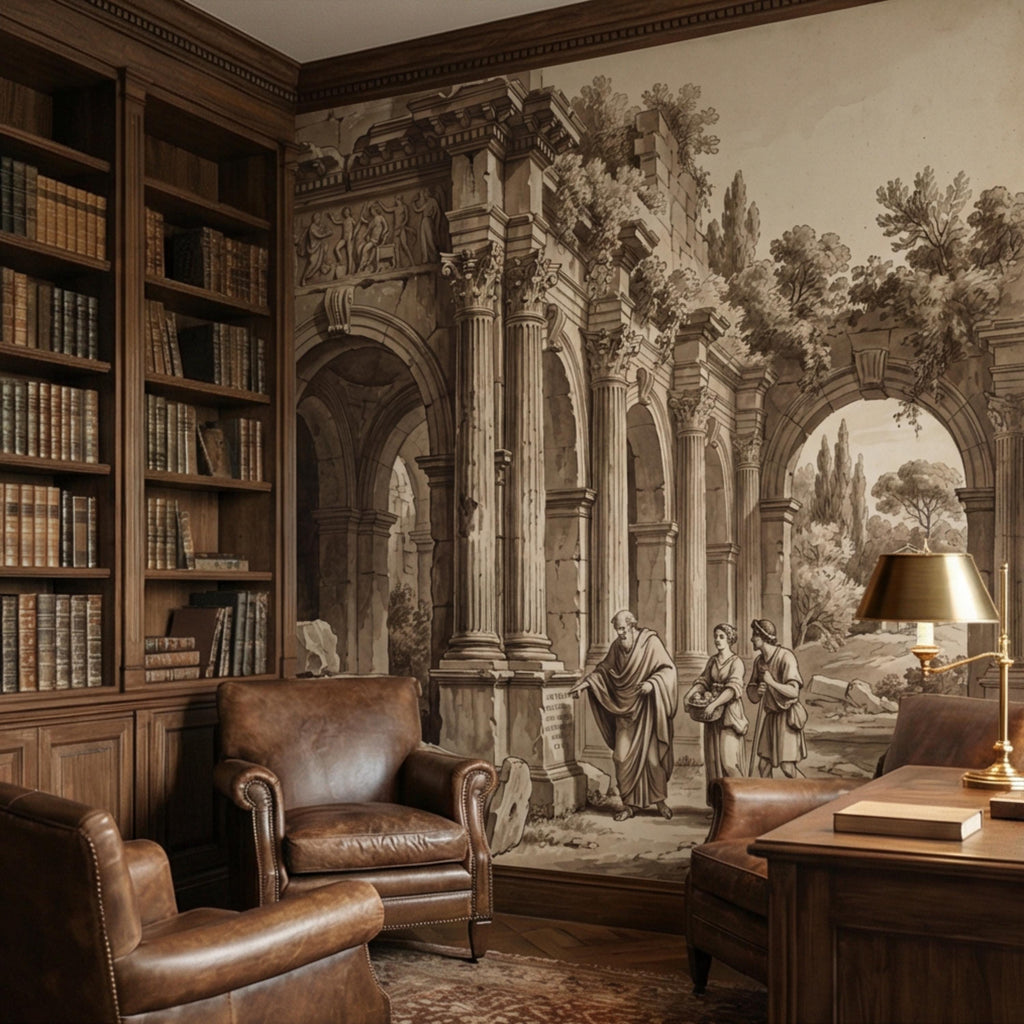 Ancient Roman Classical Ruins Peel and Stick Wall Mural, Sepia Architecture Engraving Wallpaper