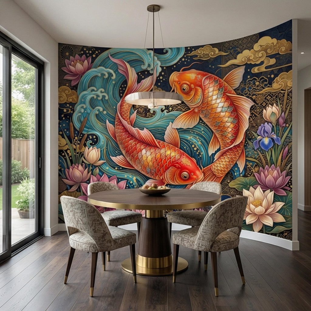 Ornate Japanese Koi Fish Peel and Stick Wall Mural, Opulent Lotus Pond Blue Waves and Gold Clouds Wallpaper