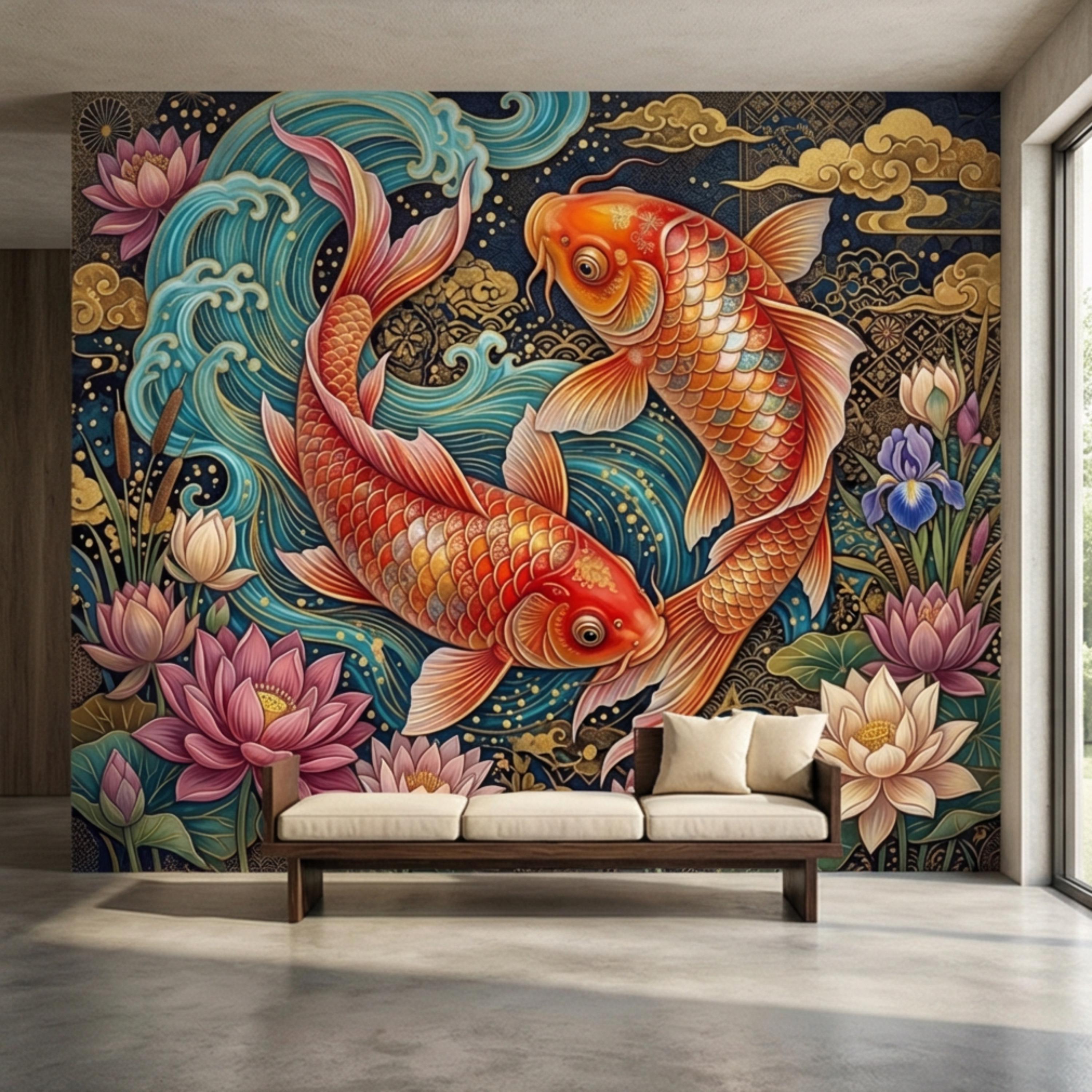 Ornate Japanese Koi Fish Peel and Stick Wall Mural, Opulent Lotus Pond Blue Waves and Gold Clouds Wallpaper