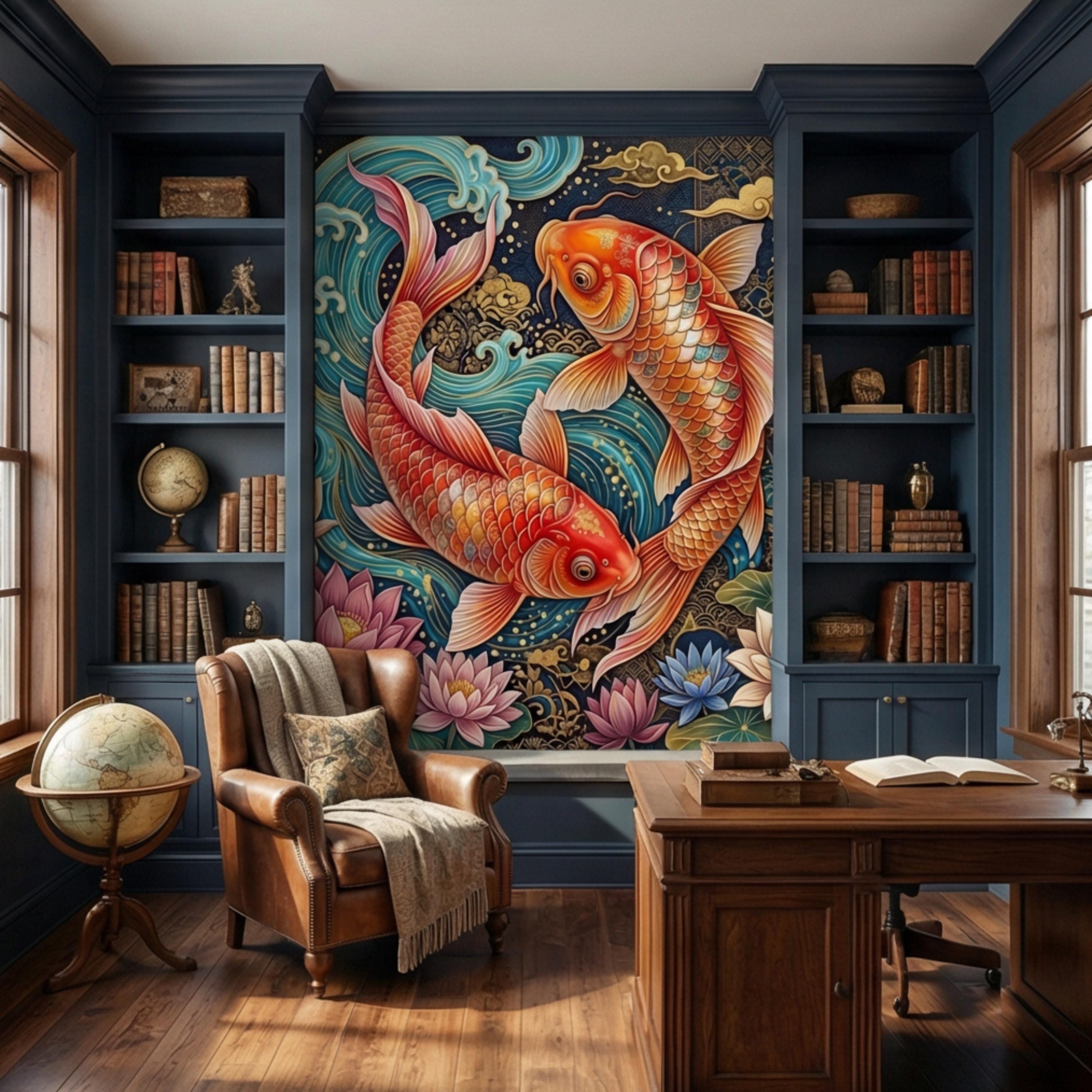 Ornate Japanese Koi Fish Peel and Stick Wall Mural, Opulent Lotus Pond Blue Waves and Gold Clouds Wallpaper