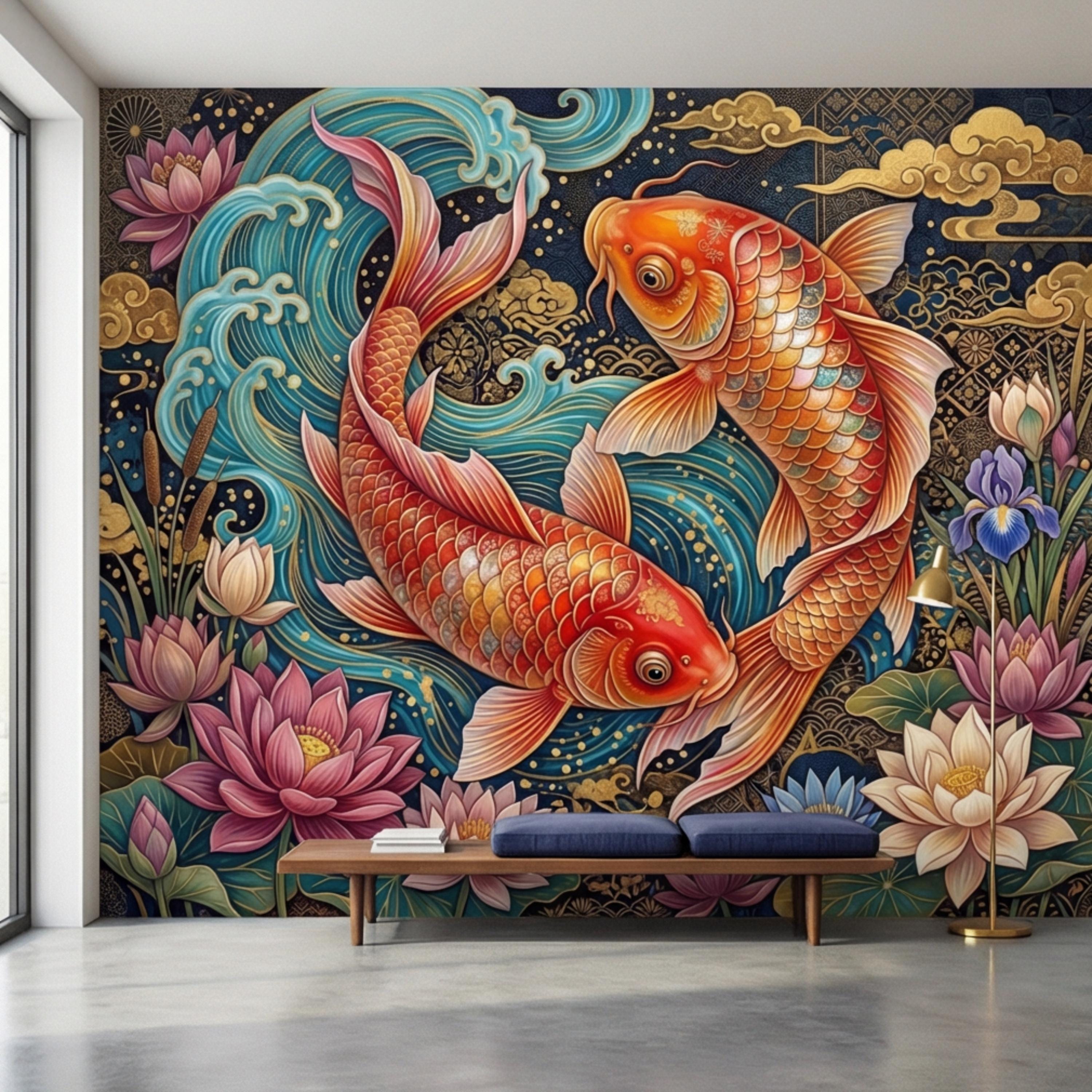 Ornate Japanese Koi Fish Peel and Stick Wall Mural, Opulent Lotus Pond Blue Waves and Gold Clouds Wallpaper