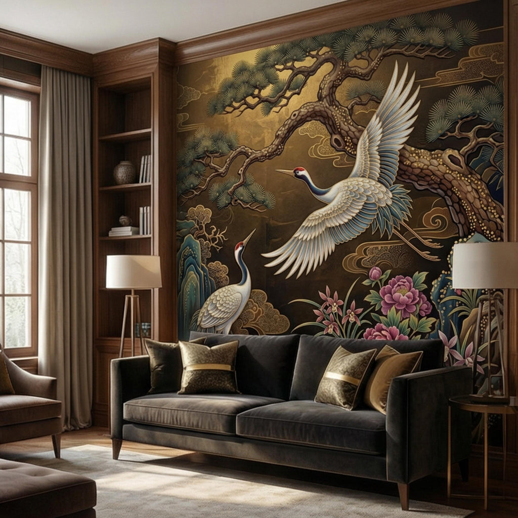 Japanese Crane Waterfall Garden Peel and Stick Wall Mural, Luxury Chinoiserie Floral Wallpaper