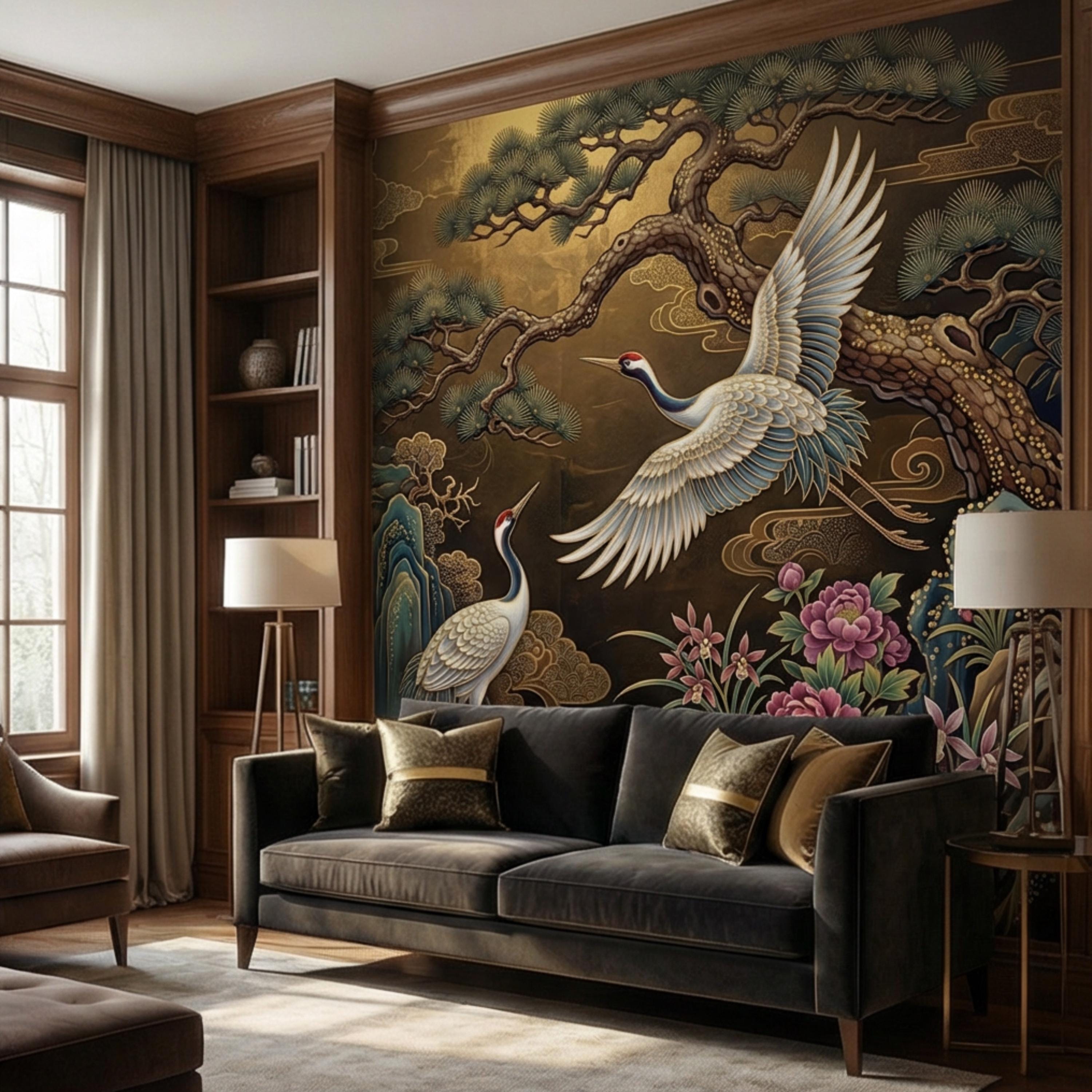 Japanese Crane Waterfall Garden Peel and Stick Wall Mural, Luxury Chinoiserie Floral Wallpaper