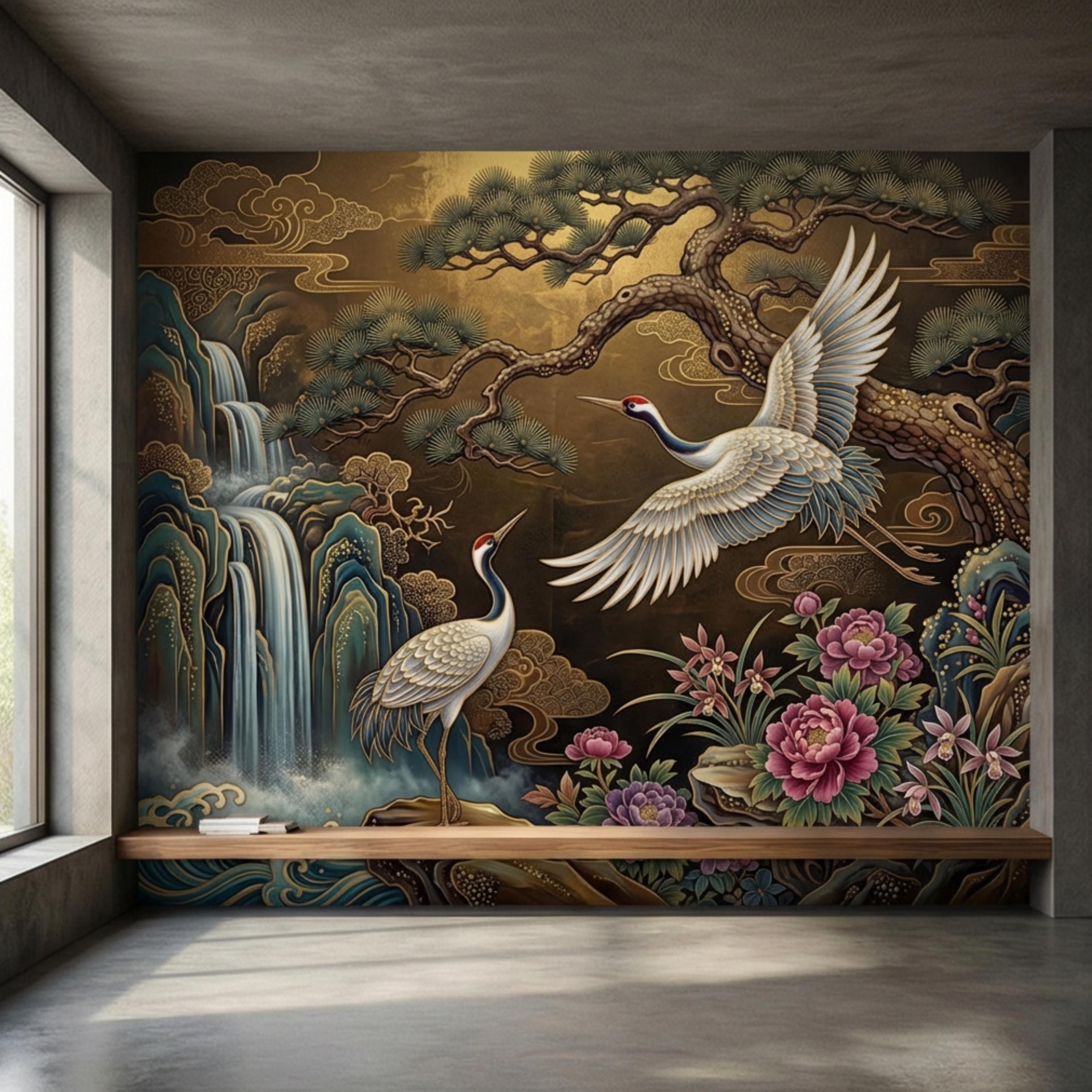 Japanese Crane Waterfall Garden Peel and Stick Wall Mural, Luxury Chinoiserie Floral Wallpaper