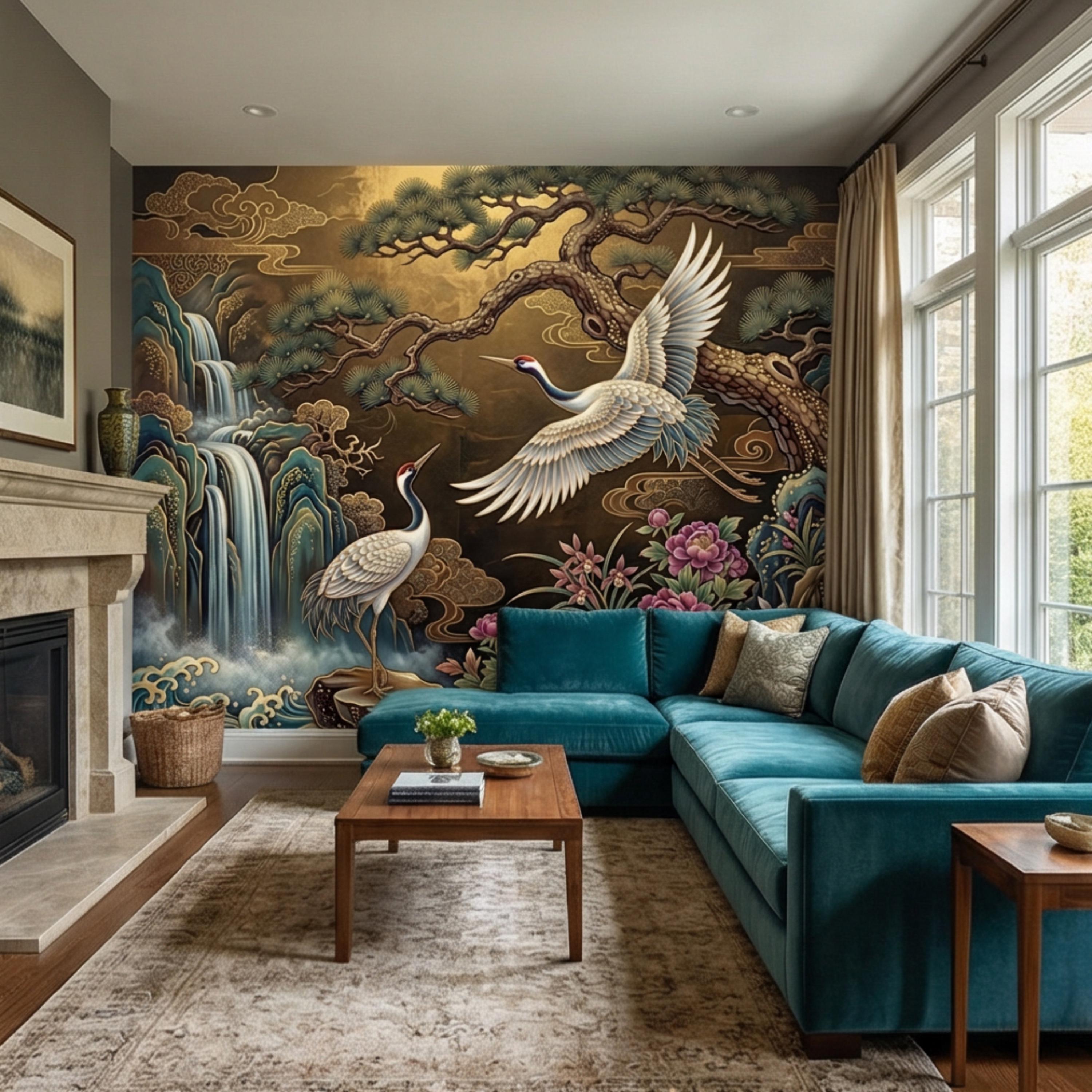 Japanese Crane Waterfall Garden Peel and Stick Wall Mural, Luxury Chinoiserie Floral Wallpaper